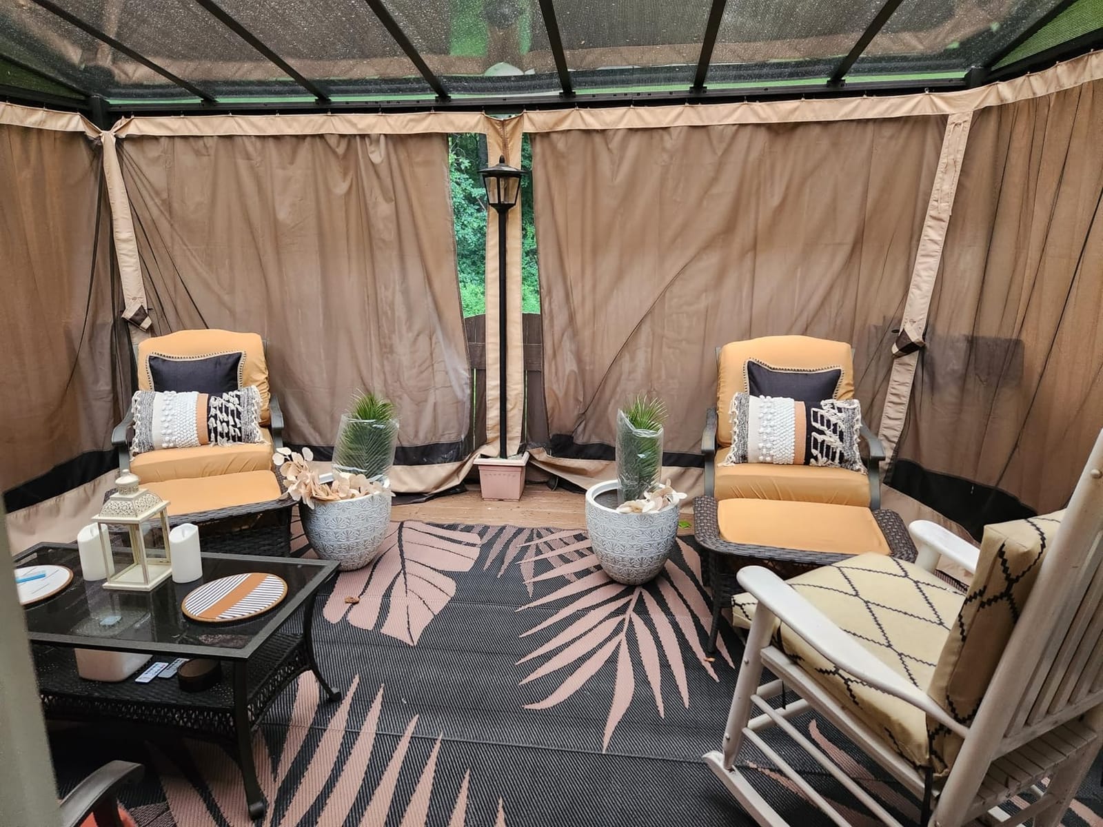 10x14FT Gazebo, Hardtop Wall Mounted Gazebo with Sloping Sun Panel Roof, Awnings for Patio with Metal Frame, Double Curtains for Garden, Lawn, Backyard Deck, Sand customer photo 1