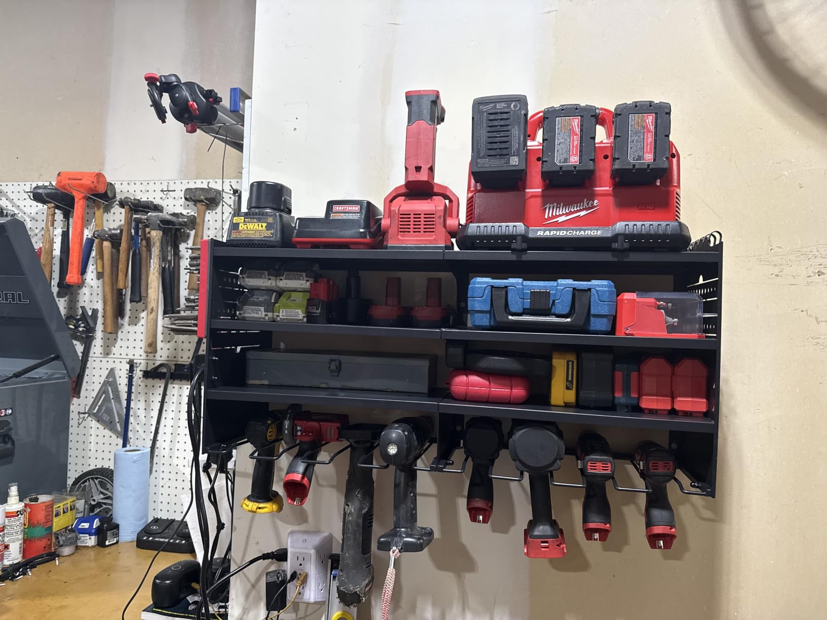 POKIPO Large Power Tool Organizer Wall Mount with Charging Station, 4 Layer Heavy Duty Metal Tool Storage Rack Loads 600lbs with 8 Cordless Drill Holder, Battery Utility Rack Loads with 4 Power Strip customer photo 2