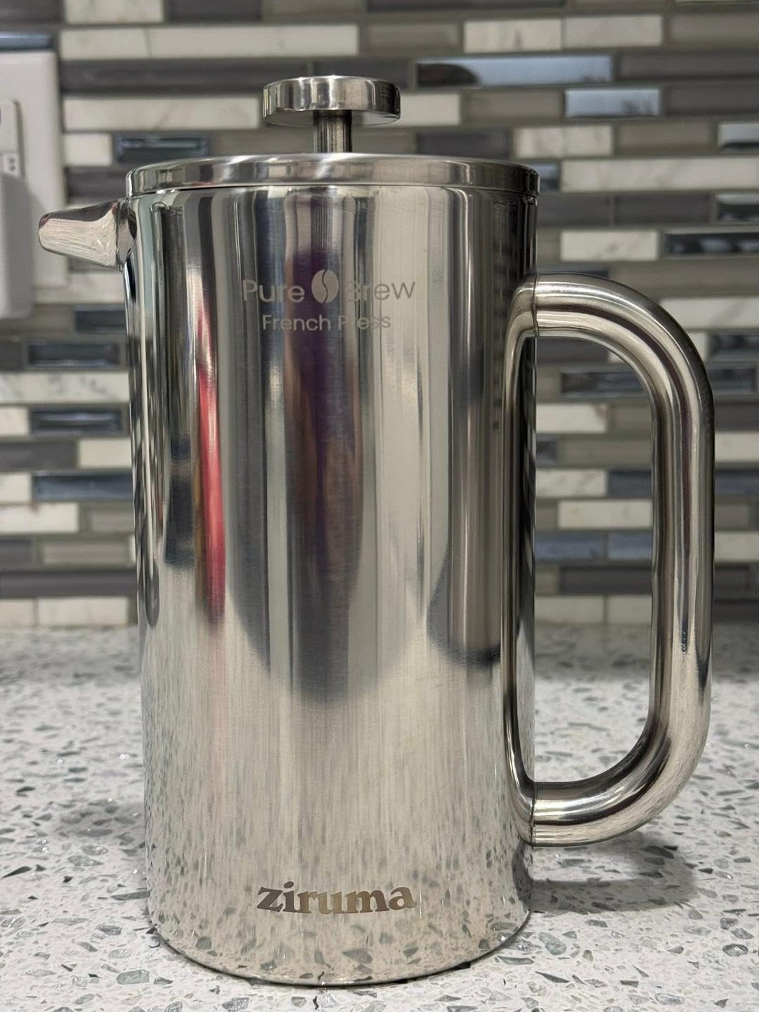 Non-Toxic Stainless Steel French Press, No Plastic or Heavy Metals, 34 oz | Surgical-grade steel. 4-layer filter. Double-wall insulated, stays hot for longer. Measure marks. Dishwasher safe. Portable. customer photo 1
