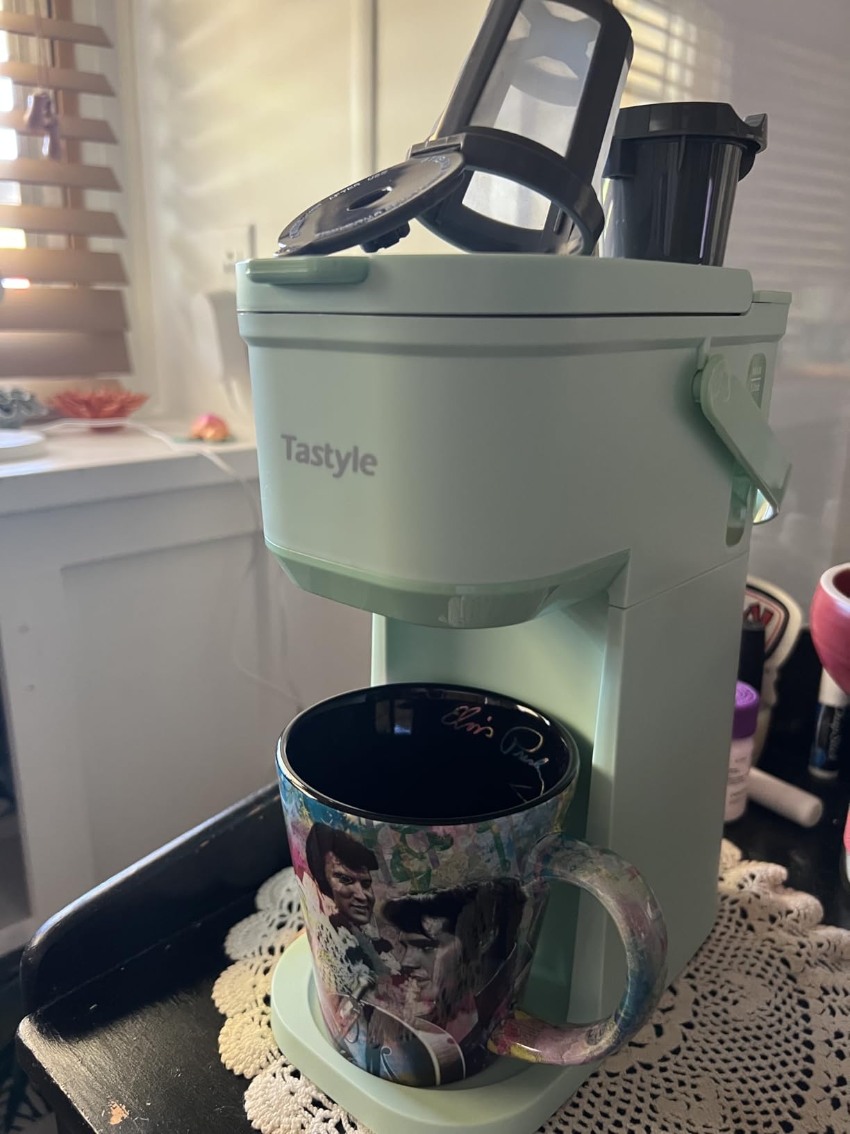 Tastyle Mini Single Serve Coffee Maker for K Cups and Grounds with Handle | for Travel, Camping, Office, RV and Dorm, Portable Handle, 120V, 6 to 12 Oz Brew Size, BPA Free, K302, Black and Gold customer photo 1
