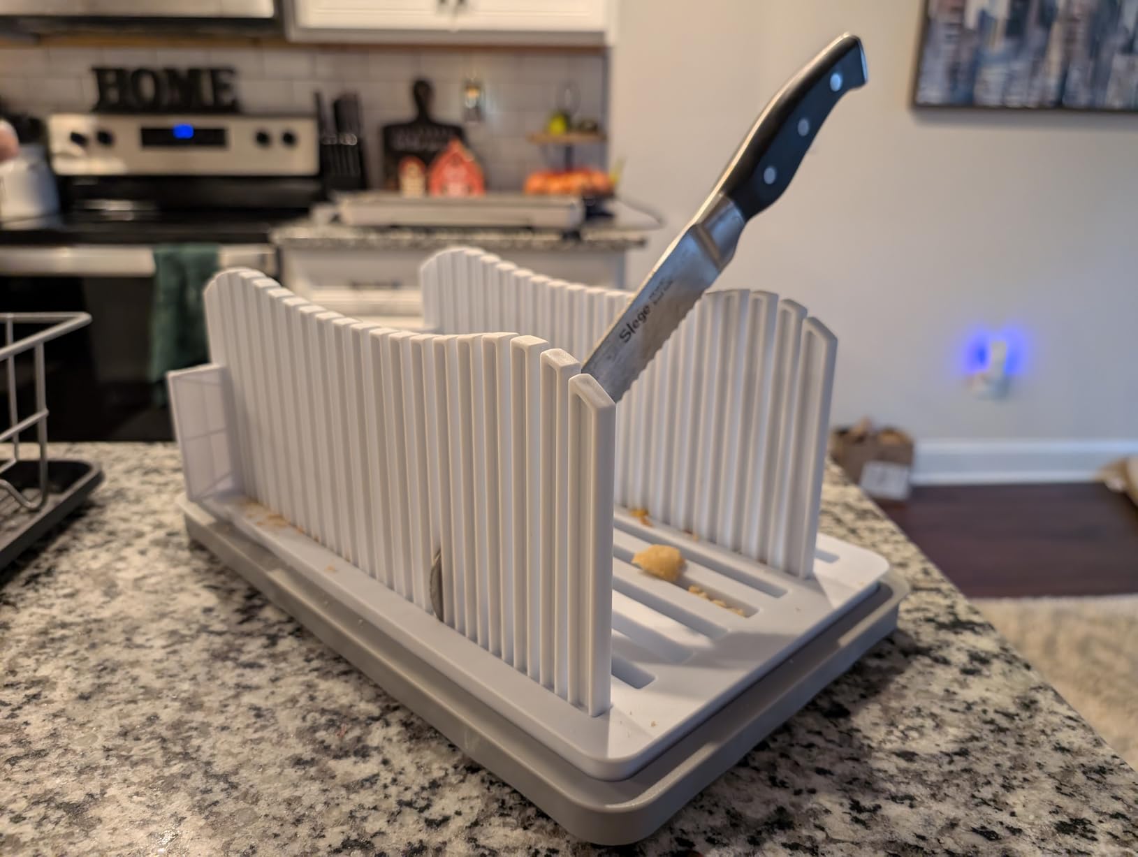 CAWIU Bread Slicer for Homemade Bread, Adjustable Width Bread Slicing Guide | Foldable Bread Cutter with Crumb Tray, Compact Cutting Guide for Loafs, Sandwiches, Bagels, and Cakes customer photo 1