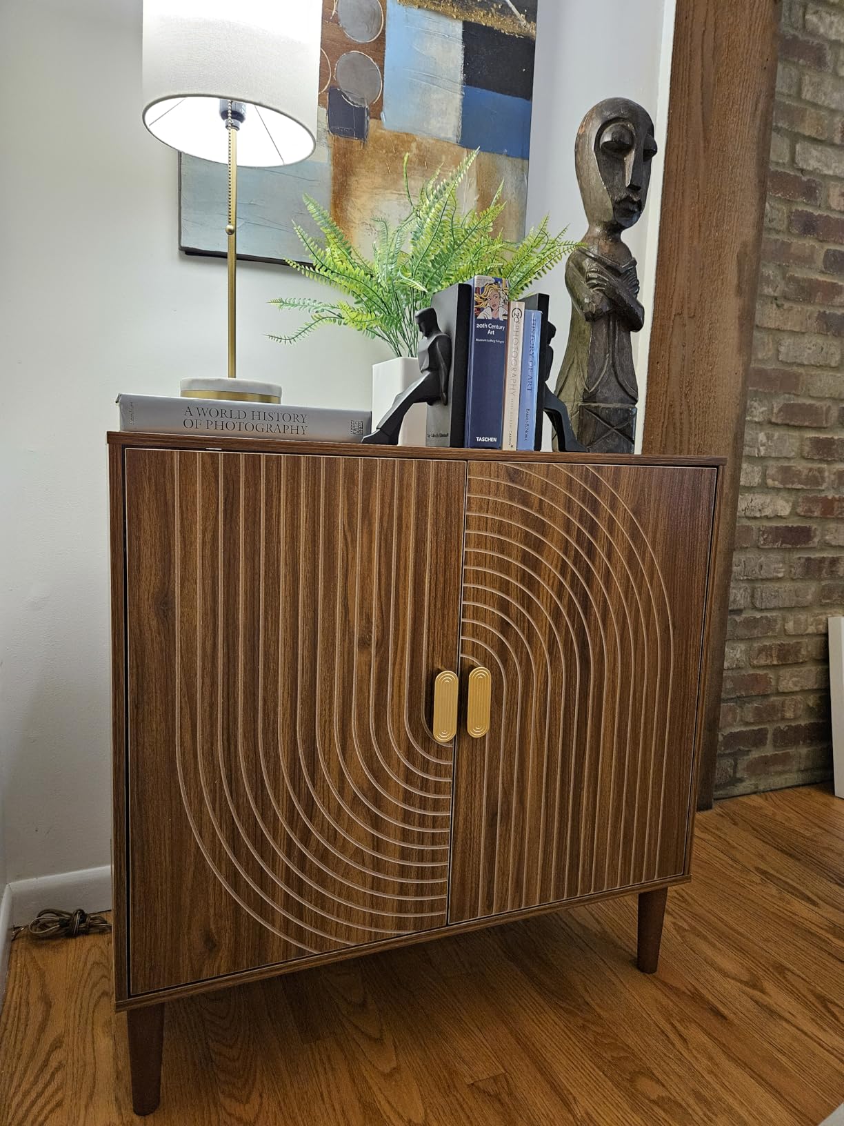 Smuxee Walnut Sideboard Cabinet, Freestanding Buffet Cabinet with Line Groove Design, Wood Storage Cabinet with Adjustable Shelf for Living Room, Entryway, Hallway customer photo 1