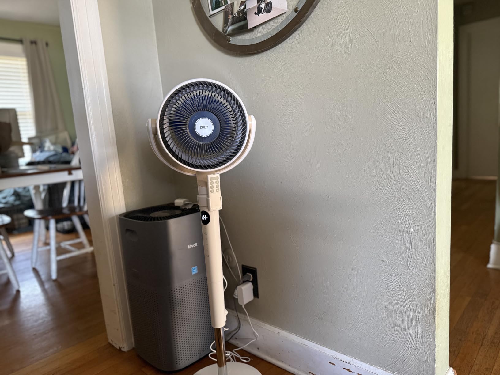 DREO Smart Fan for Bedroom, 120° +120° Omni-Directional Oscillating Fans, 100ft Quiet Pedestal Fan with RGB Light, 9 Speeds, 6 Modes, 8H Timer, Wi-Fi/Voice/Alexa, 35-40