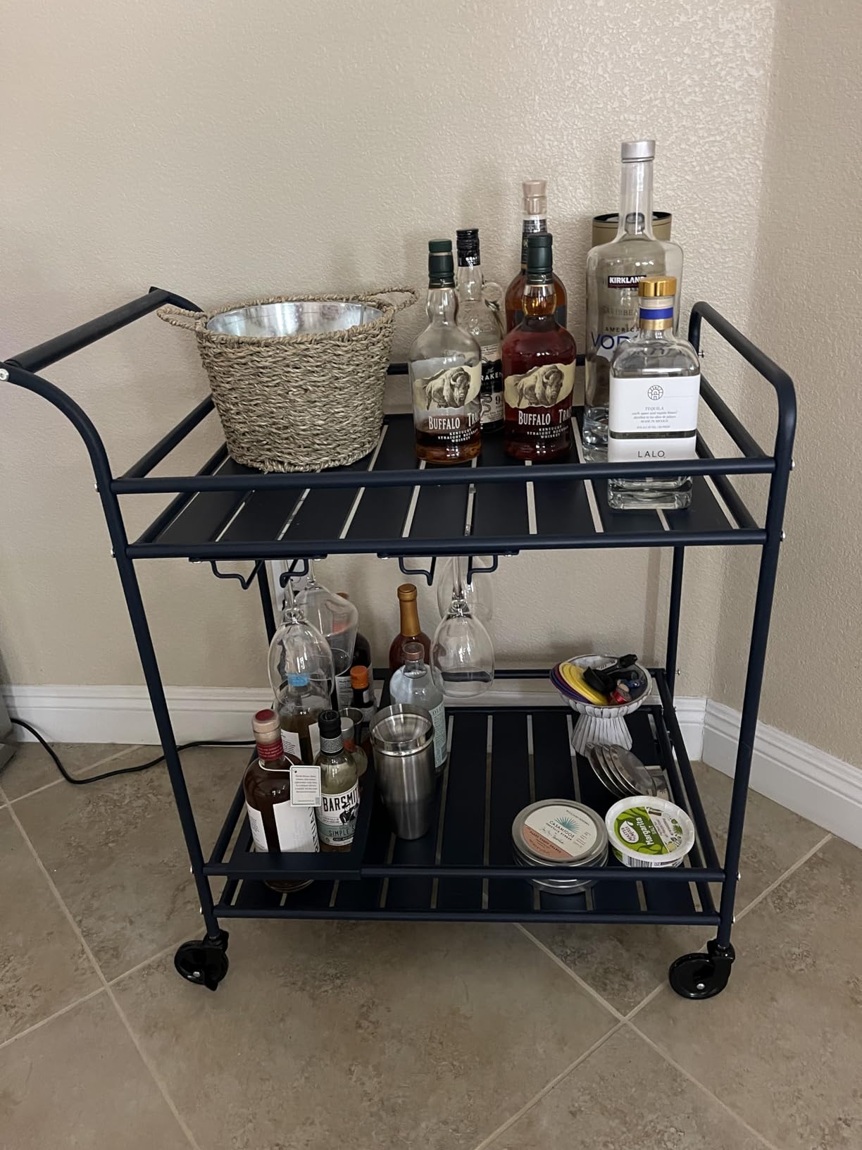 Best Choice Products Rolling Bar Cart, Mobile Home Bar Serving Cart, Serving Station w/ 2 Tier Shelves, Wine Rack, Lockable Wheels - Teal customer photo 1