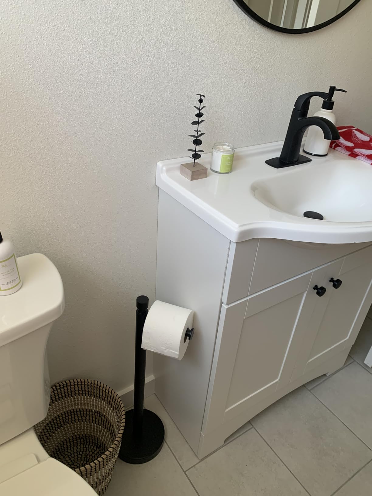 YUMORE Toilet Paper Holder Stand with Weighted Base, Matte Black | Stainless Steel Design with Open-Arm Access for Bathrooms and Powder Rooms customer photo 1