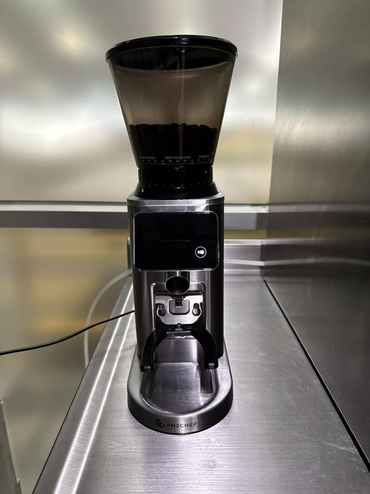 AMZCHEF Burr Coffee Grinder, 48 Settings, Less Static Mess, Metallic Silver | 40mm Burr, Low Retention, 0.5s LED Timer, Stainless Steel Body, Fit 51-54/58 Espresso Portafilter, Cleaning Brush Included customer photo 1