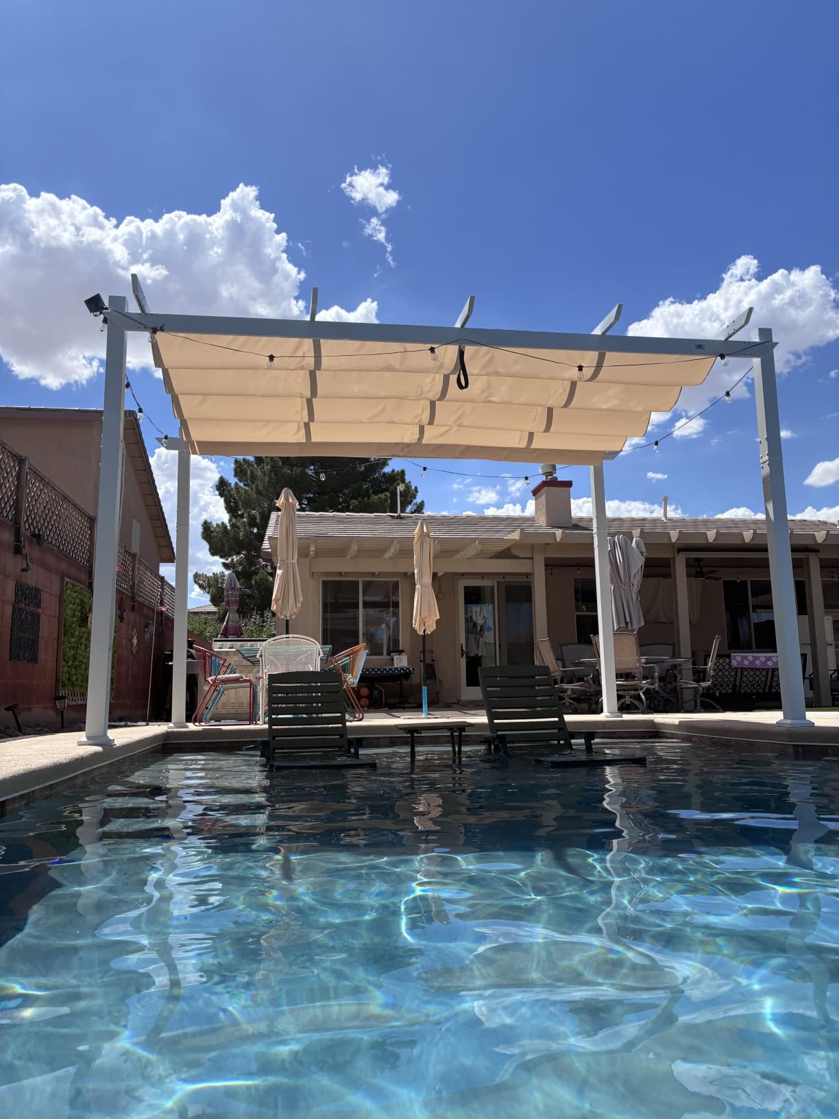 PURPLE LEAF Outdoor White Pergola 10' x 13' w/Double Canopy, Navy Blue customer photo 1