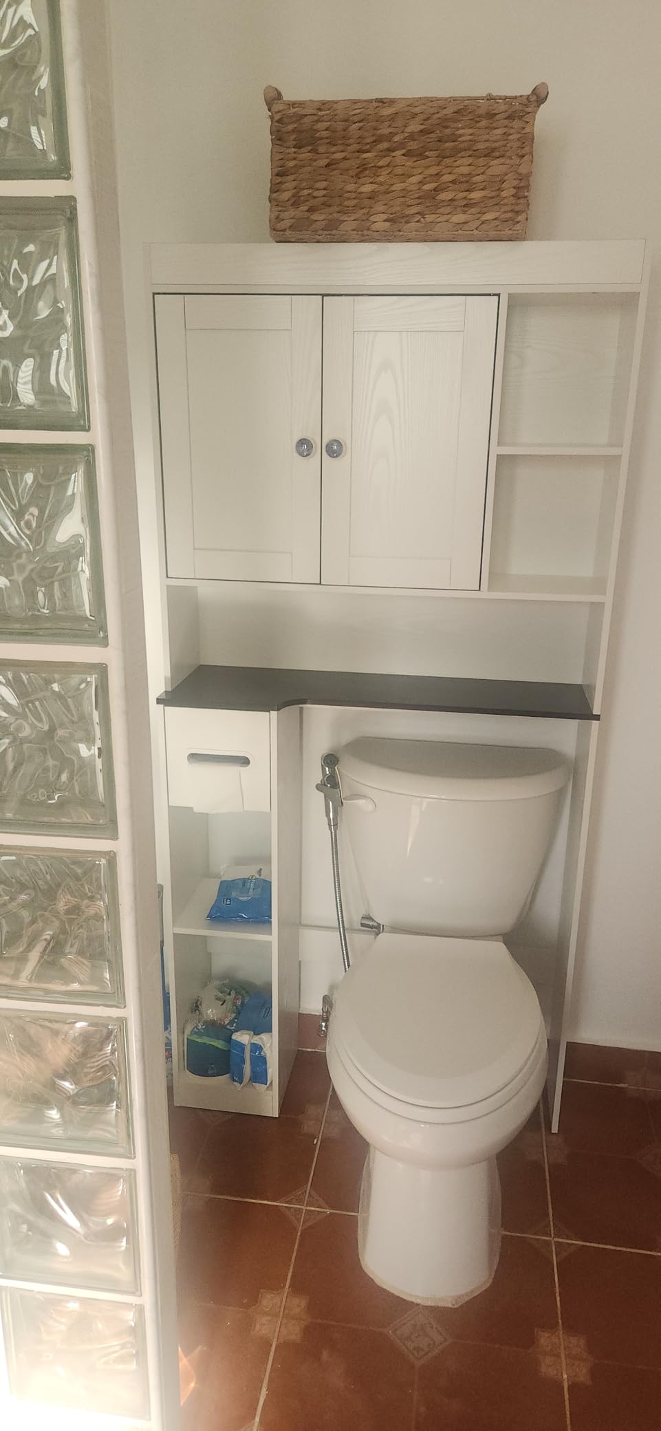 Over The Toilet Storage Cabinet with 7 Shelves, Imitation Walnut Grain Above Toilet Bathroom Organizer with Toilet Paper Holder Stand, Space Saver for Restroom, Laundry, Bathroom (White) customer photo 2