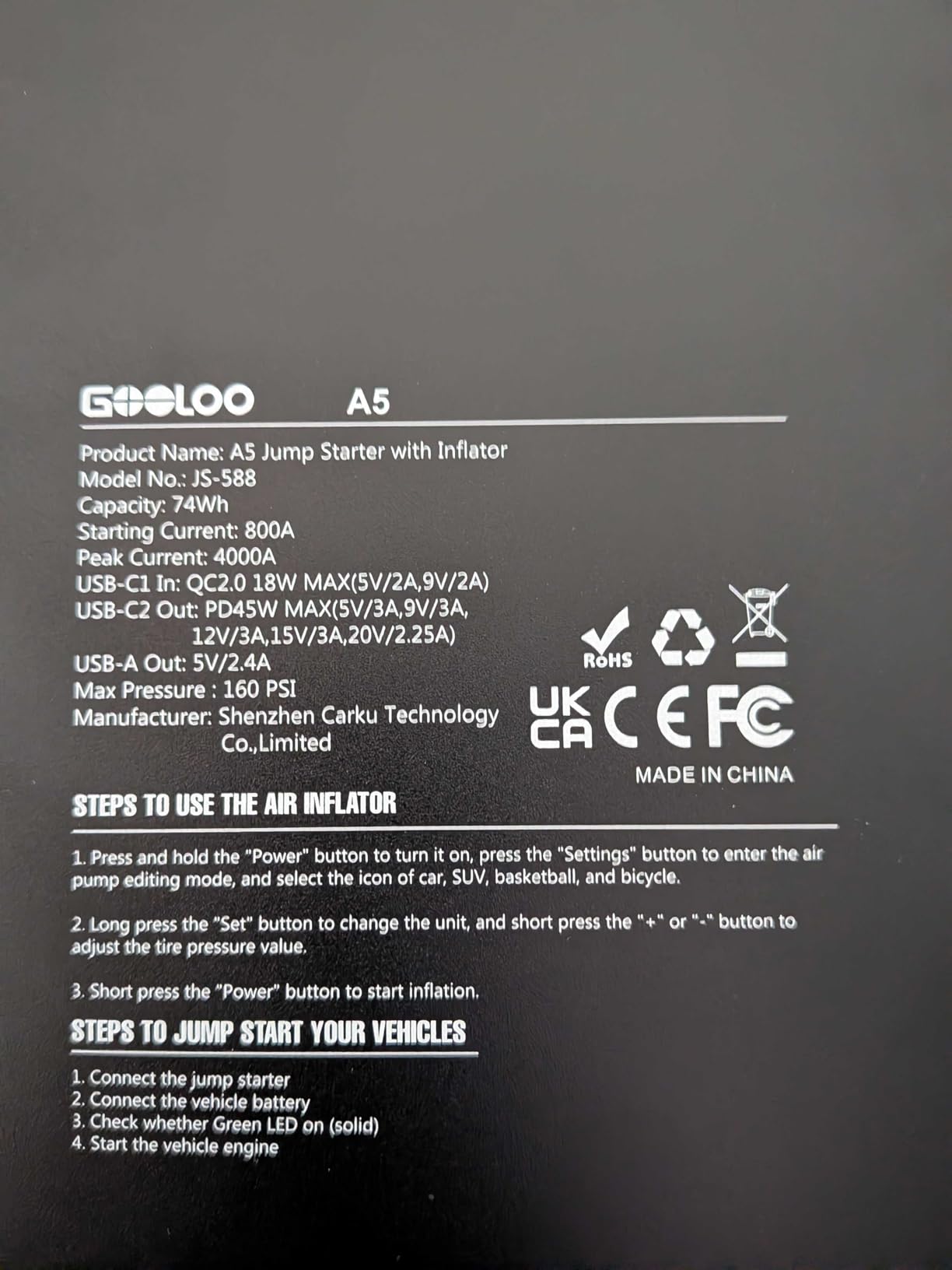 GOOLOO A5 Jump Starter with Air Compressor, 4000A Portable Jump Box | Jumper Starter for All Gas & 10L Diesel - 160 PSI Auto-Off Tire Inflator - 45W Output with Built-In Cable - LED Flashlight customer photo 1