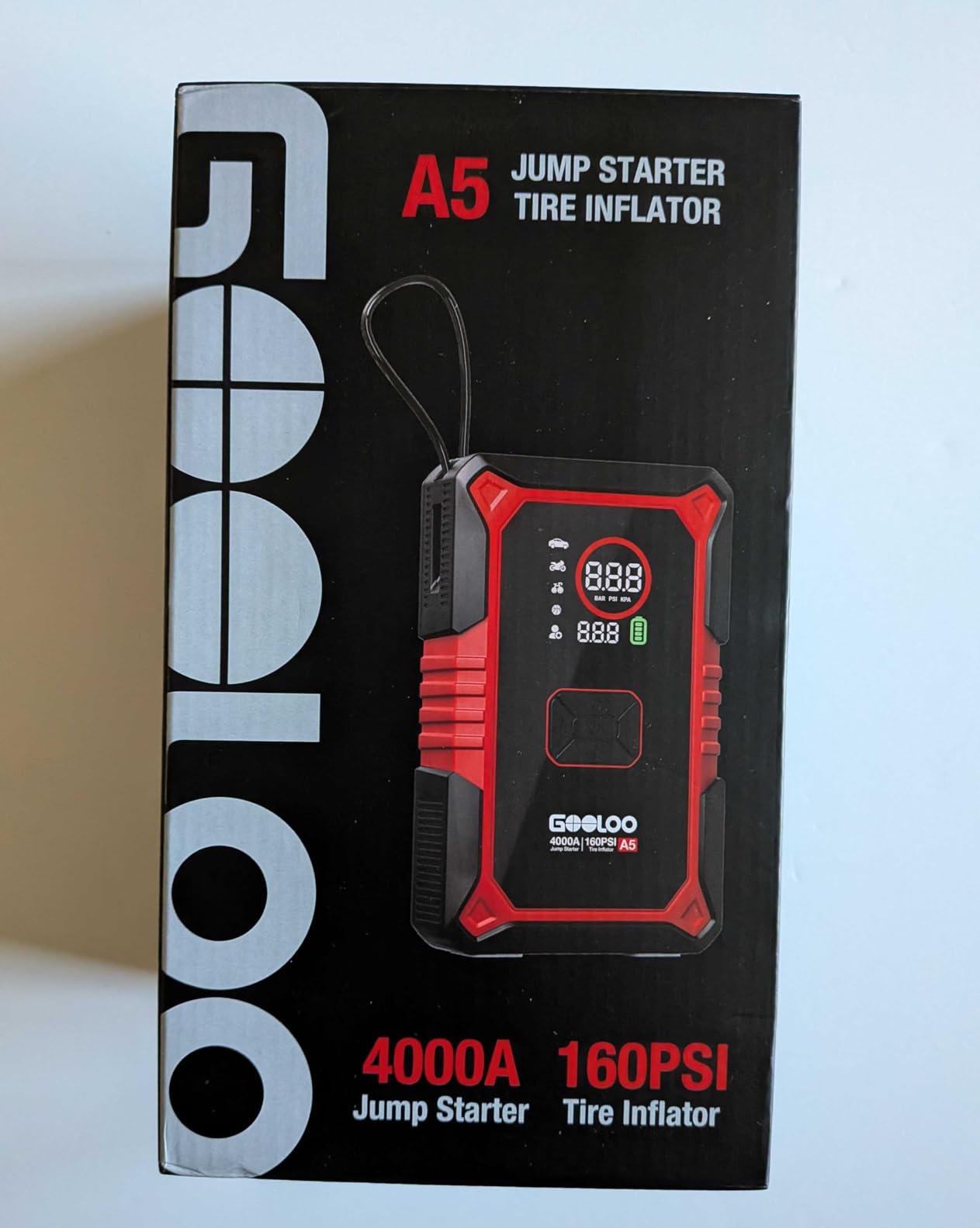 GOOLOO A5 Jump Starter with Air Compressor, 4000A Portable Jump Box | Jumper Starter for All Gas & 10L Diesel - 160 PSI Auto-Off Tire Inflator - 45W Output with Built-In Cable - LED Flashlight customer photo 2