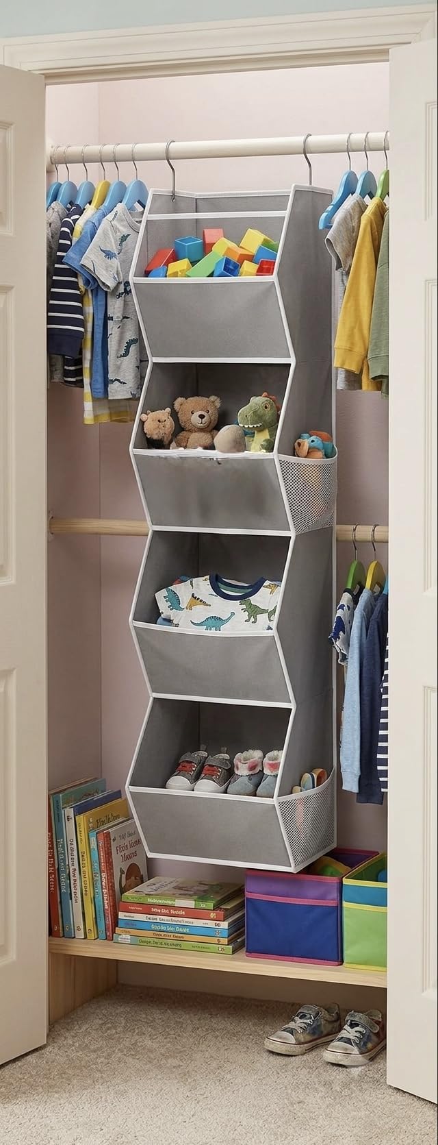 Hanging Closet Organizer 4 Shelf Collapsible with Mesh Pockets, Grey customer photo 2