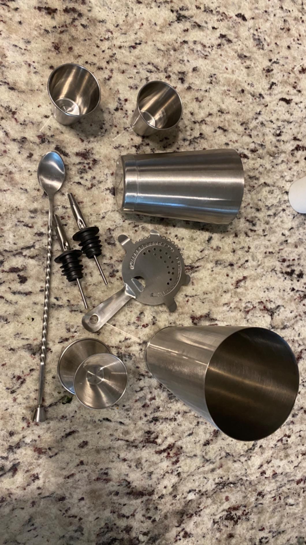 FineDine 17-Piece Stainless Steel Bar Set Cocktail Shaker Set Bartender Kit | Mixology kit, stainless steel bar tools, shaker tins, jigger, strainer, muddler, spoon, pourers, stand, home bartending customer photo 1