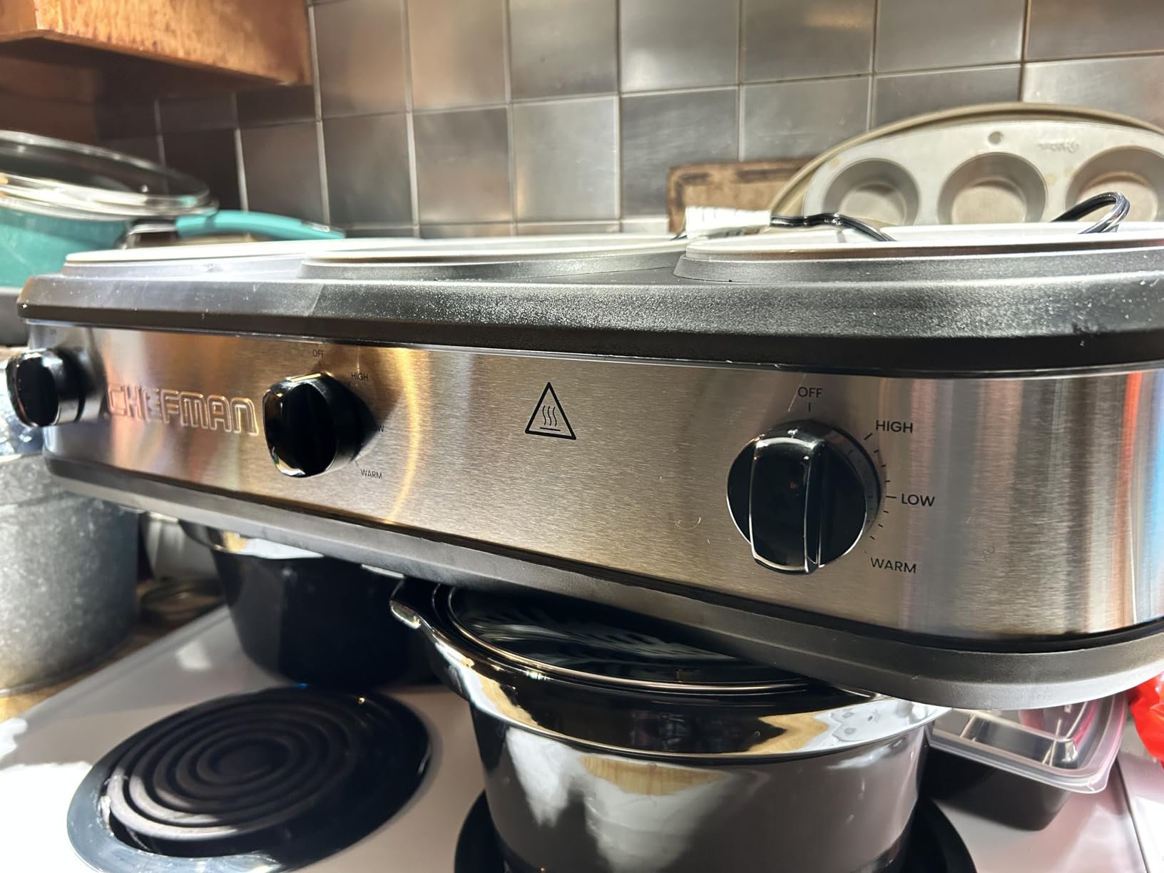 Chefman Triple Slow Cooker & Food Warmer, Three Crock Slowcooker with 2.5 Qt. Ceramic Crocks, 7.5-Quart Total Capacity, PFAS-Free, Three Temperature Settings, Dishwasher-Safe Parts - Stainless Steel customer photo 1