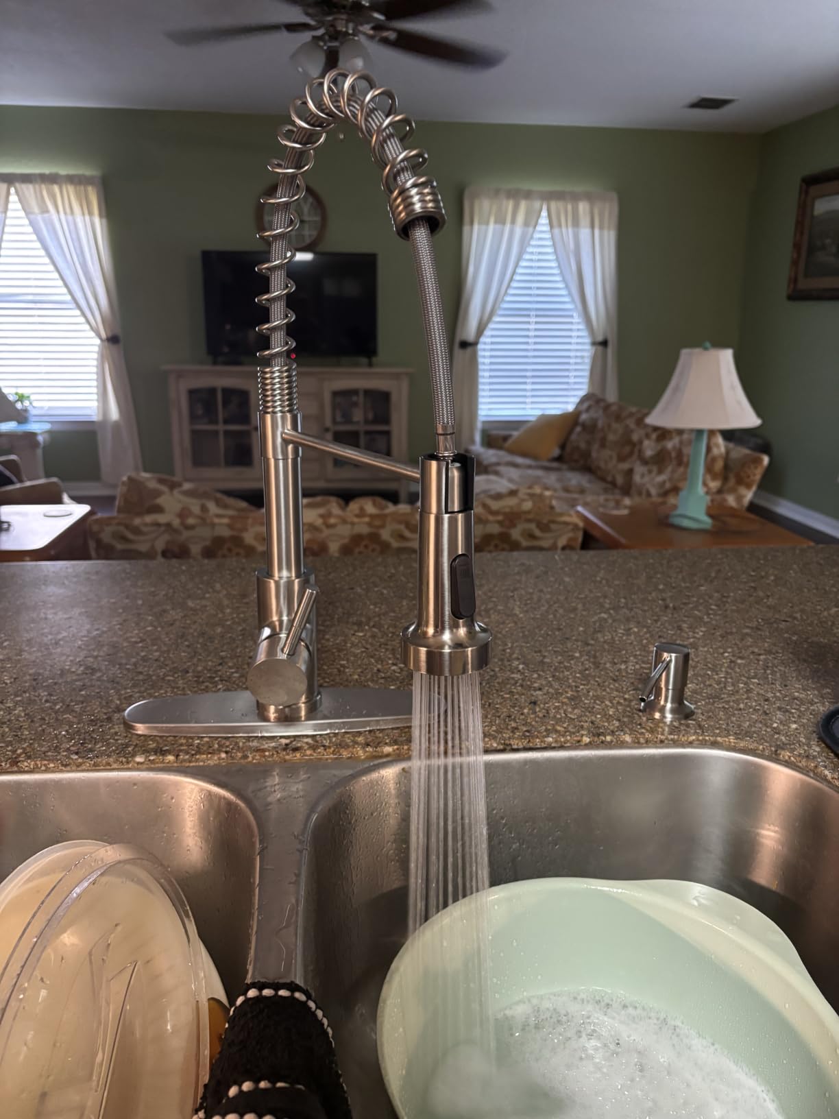LUFEIDRA Pull-Down Kitchen Faucet with Soap Dispenser, Brushed Nickel | High-Arc Spring Design, 2 Spray Modes, SUS304 Body, Single-Handle Control, and Deck Plate for 1- or 3-Hole Sinks customer photo 2