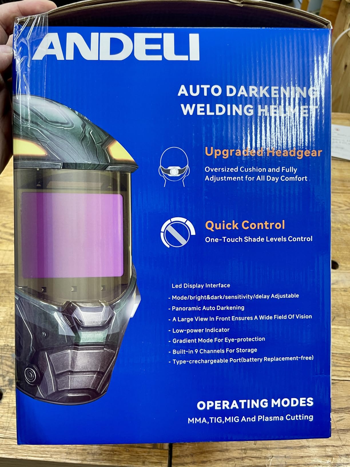 ANDELI Auto Darkening Welding Helmet with 2 Lights, Digital Shade Control | 7.2 x 3.2 in Panoramic View, Motion-Sensor LED, One-Touch Grind, 1500mAh Rechargeable Battery, True Color, Shade 3/5-9/9-13 customer photo 2