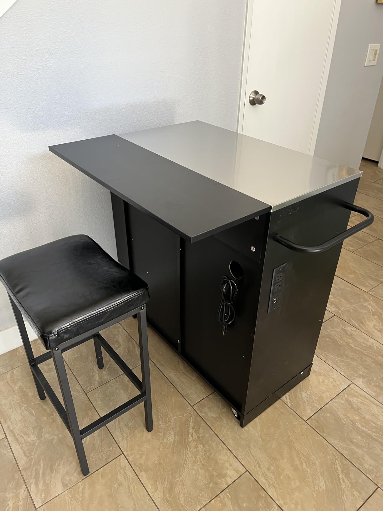 Concho 56'' Kitchen Island with Seating and Stainless Steel Countertop, Rolling Kitchen Carts on Wheels with Folding Drop Leaf, Bar Stool, Power Outlet, Spice/Towel Rack, Black customer photo 1