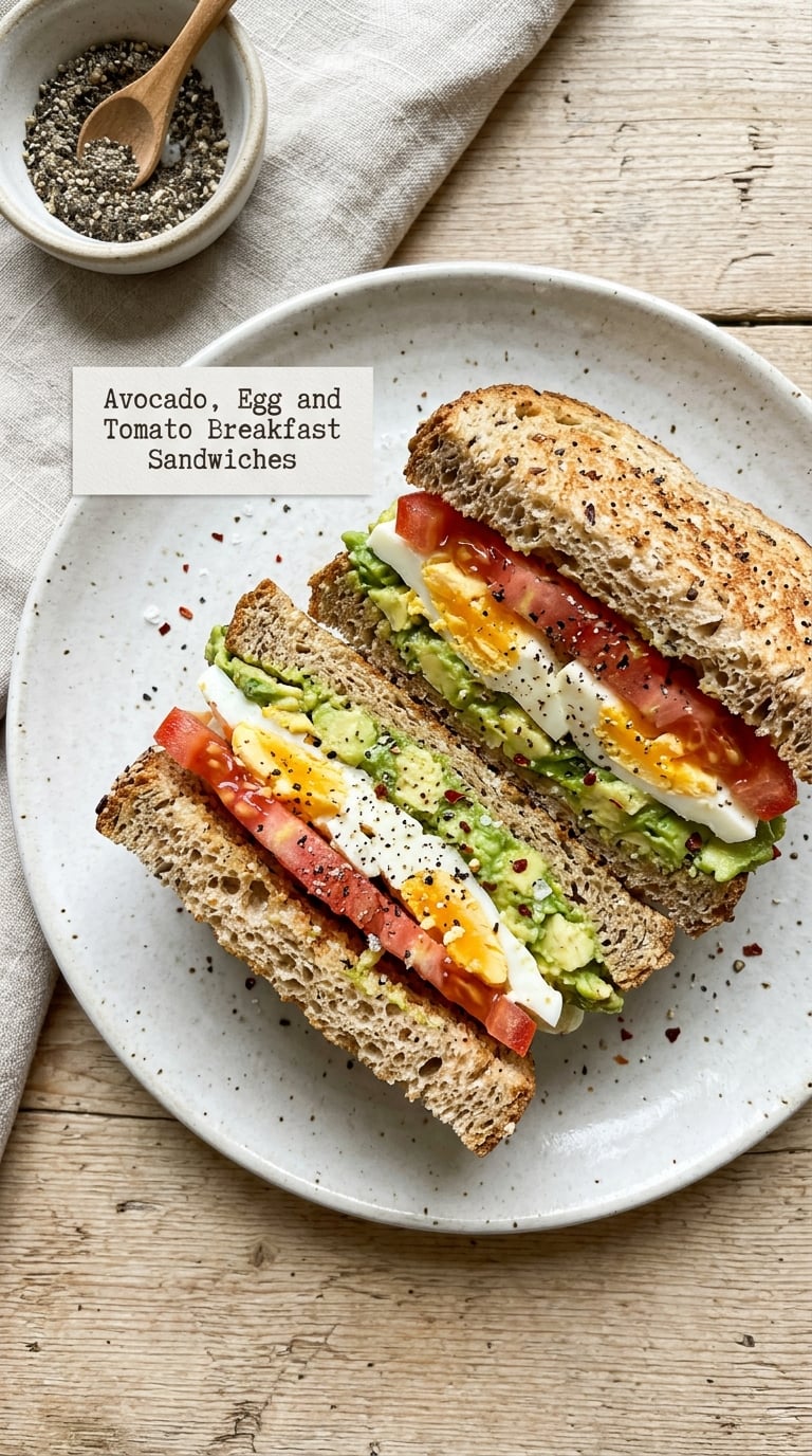Avocado, Egg and Tomato Breakfast Sandwiches