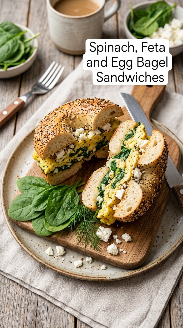Spinach, Feta and Egg Bagel Sandwiches