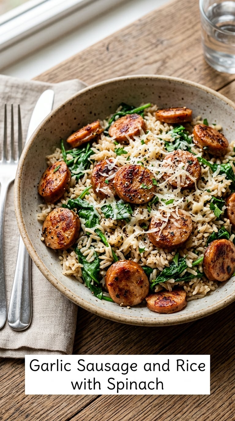 Garlic Sausage and Rice with Spinach