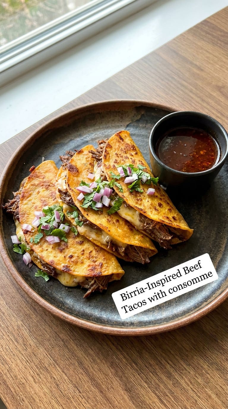 Birria-Inspired Beef Tacos with consomme