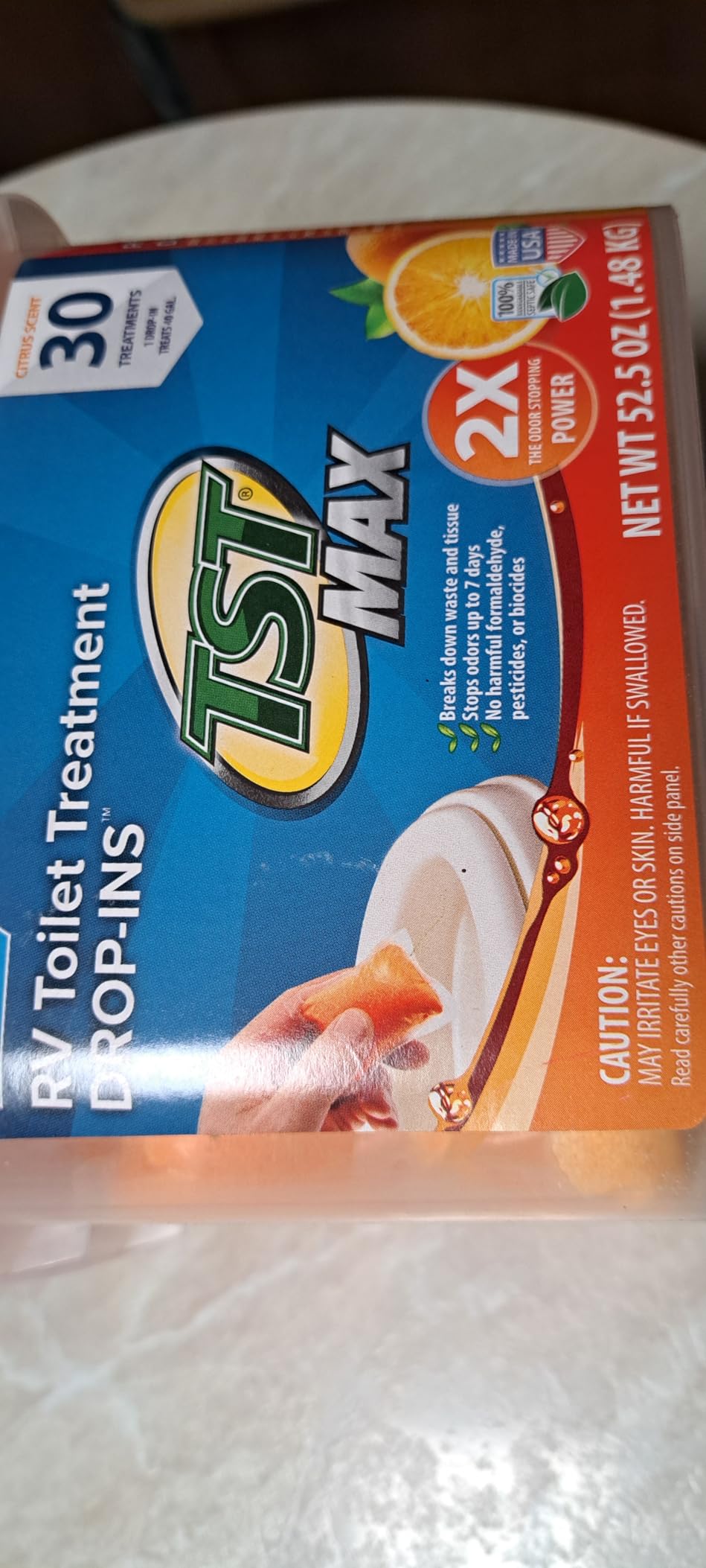 Camco TST MAX RV Toilet Treatment Drop-IN - Made in the USA | Control Unwanted Odors and Break Down Waste and Tissue - Safe Septic Tank Treatment - Orange Scent - 15-Pack (41189) customer photo 1
