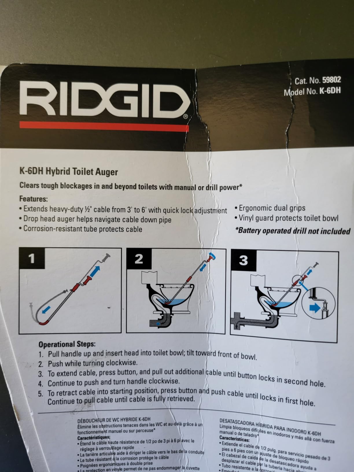 RIDGID 59802 K-6DH Hybrid Toilet Snake Auger with 6' Heavy-Duty Drop Head Tri-Wrap Cable, Manual or Cordless Drill Operated Plumbing customer photo 2