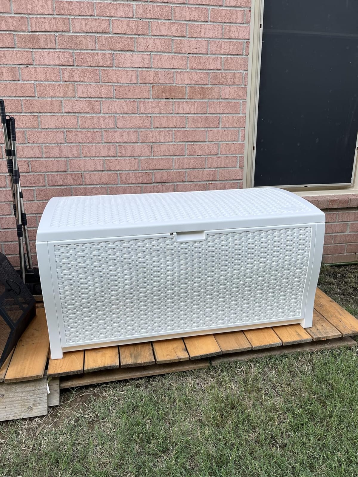 Suncast 99 Gal Wicker Resin Deck Box, Storage Chest Bin with Handles, Java customer photo 1