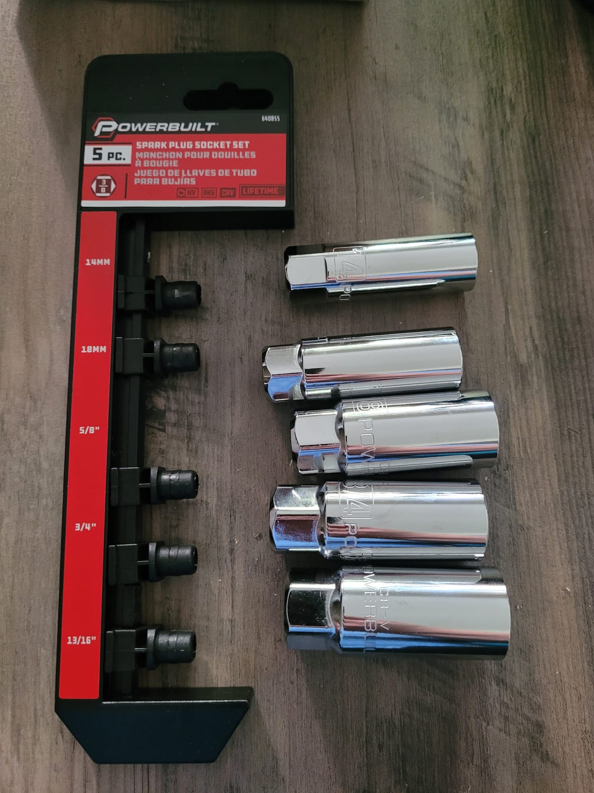 Powerbuilt 3/8-Inch Drive Spark Plug Socket Set, 6 Point, Deep Thin Wall, 5 Piece Metric and SAE - 640855, Grey customer photo 1