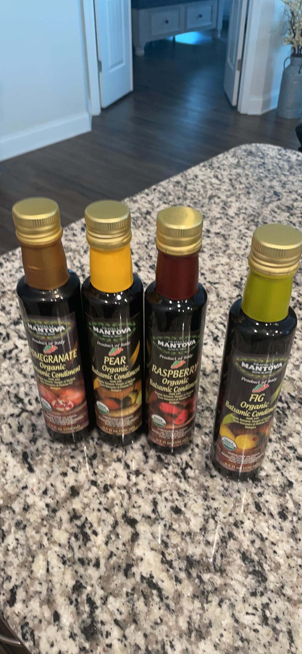 Mantova Organic Flavored Balsamic Vinegar of Modena 4-Variety Pack: Fig, Pear, Pomegranate, & Raspberry; Perfect for Gift Basket, Add to Pasta, Salad, Ice Cream and Cocktails, 8.5 oz per bottle customer photo 1