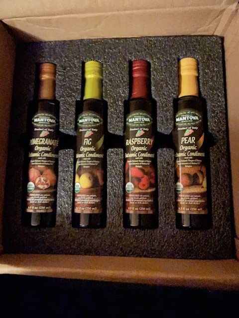 Mantova Organic Flavored Balsamic Vinegar of Modena 4-Variety Pack: Fig, Pear, Pomegranate, & Raspberry; Perfect for Gift Basket, Add to Pasta, Salad, Ice Cream and Cocktails, 8.5 oz per bottle customer photo 2