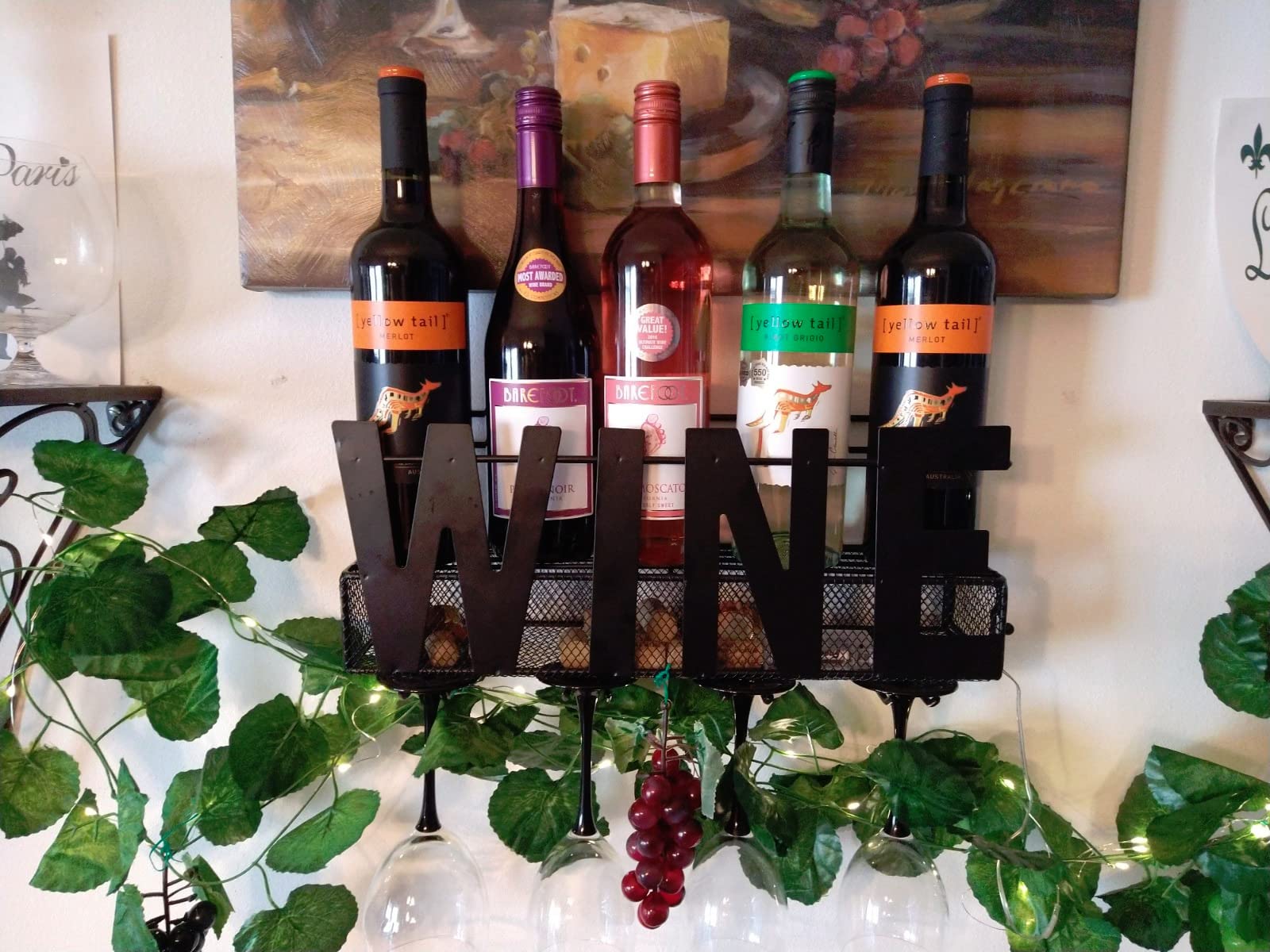 Wall Mounted Metal Wine Rack - Wine Rack Wall Mount Wine Bottle Holder 4 Long Stem Glass Holder & Wine Cork Storage Home customer photo 2