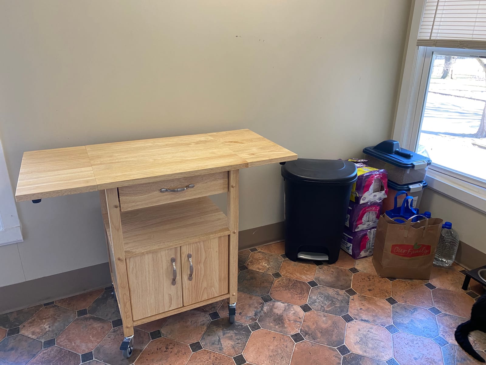Pemberly Row Solid Wood Butcher Block Kitchen Cart, Natural Finish, Drop Leaf Countertops, Storage Cabinet with Drawer and Shelf, 43.27