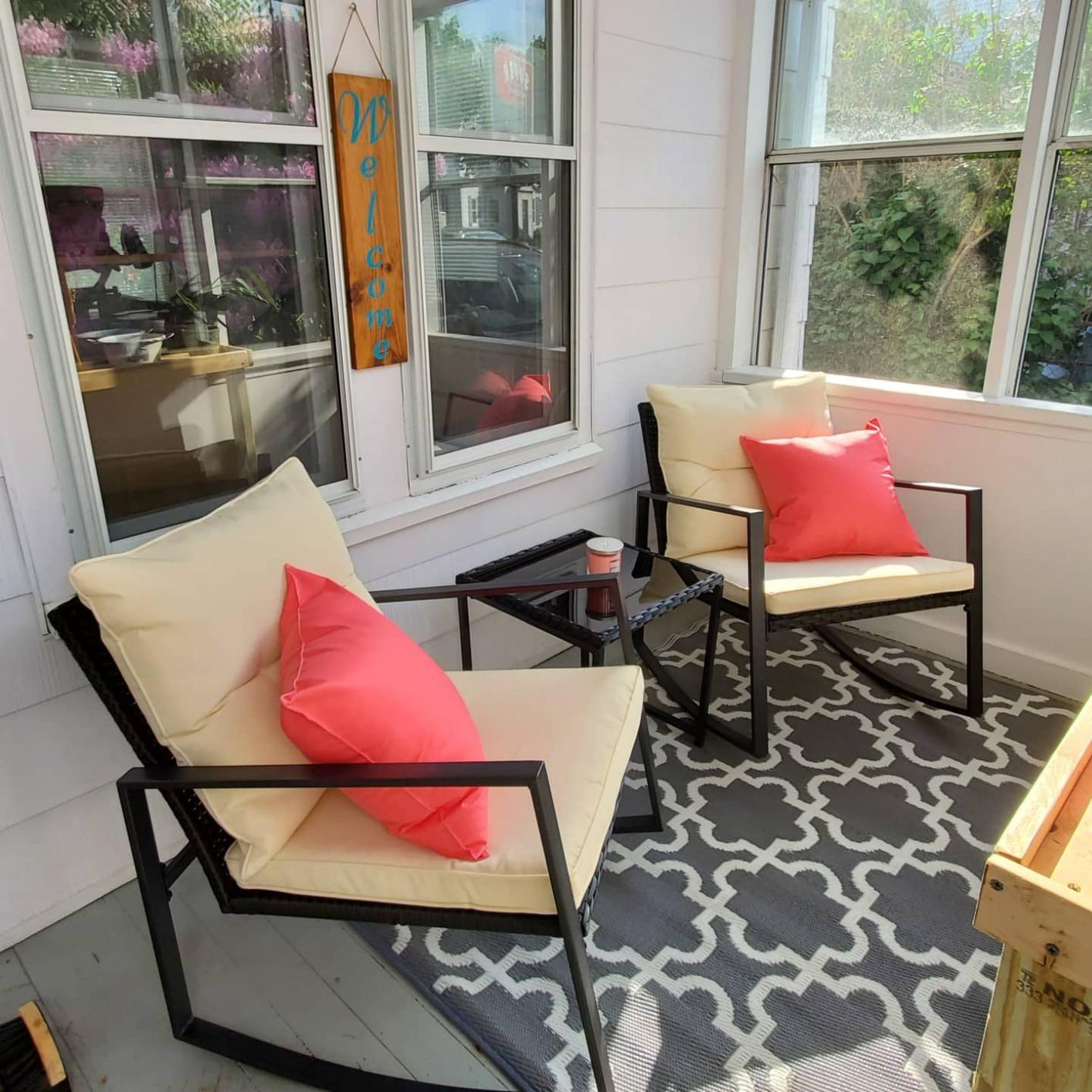 SUNCROWN 3 Piece Outdoor Rocking Bistro Set Brown Wicker Furniture Porch Chairs Conversation Sets with Glass Coffee Table, Beige customer photo 2