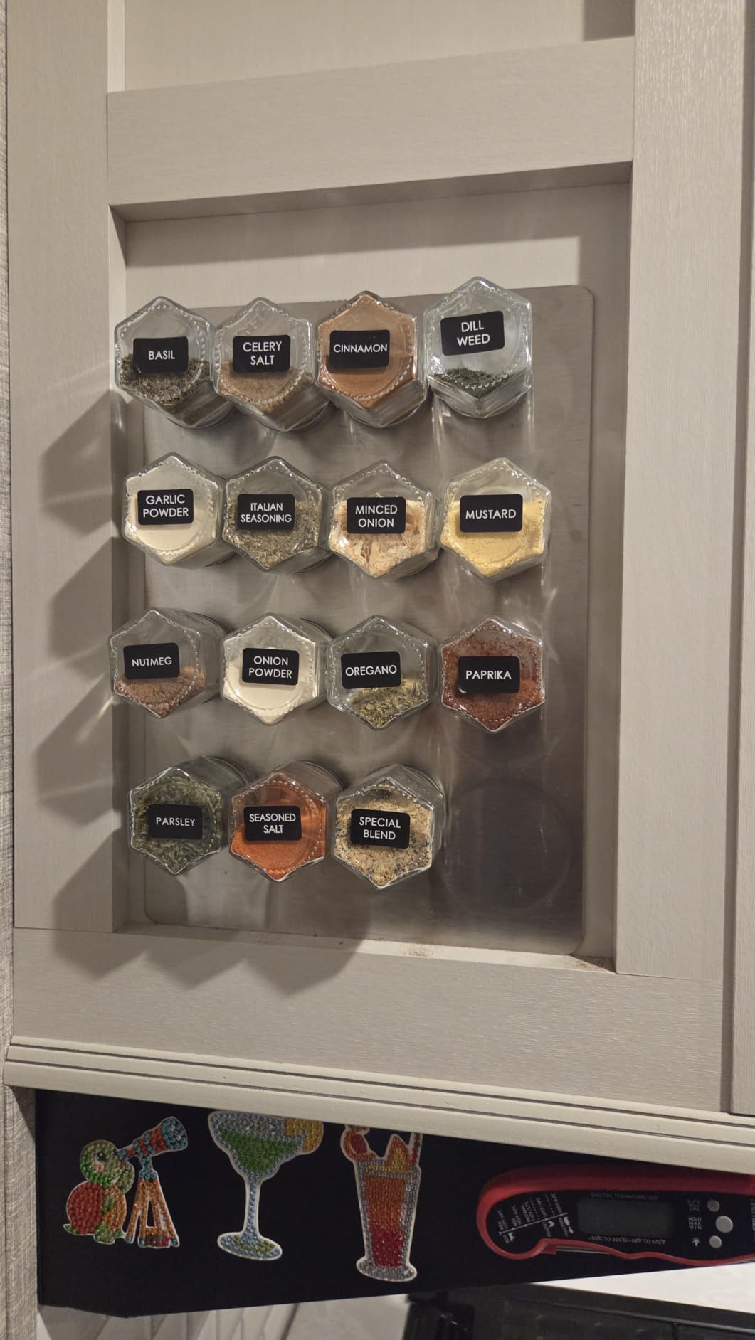 15 Pack Magnetic Spice Jars for Refrigerator Hexagon Glass Spice Jars with Magnetic Lids, Shaker, Spice Labels, Magnetic Glass Spice Containers for RV Travel Trailer Kitchen Fridge Cabinet Wall mount customer photo 2