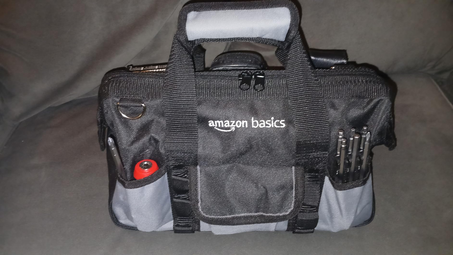 Amazon Basics Durable Wear-Resistant Tool Storage Bag with Adjustable Shoulder Strap, Portable Tool Organizer, 16 Pockets, 12 in, Black & Gray customer photo 1