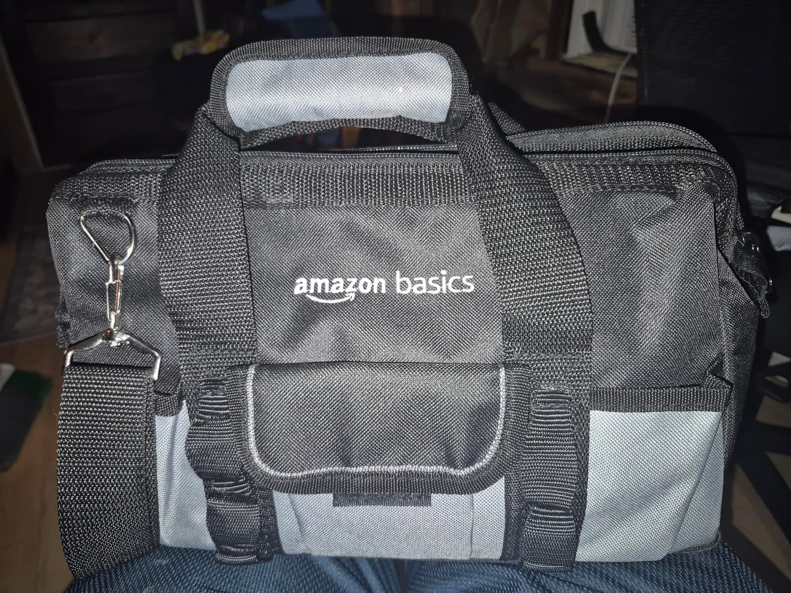 Amazon Basics Durable Wear-Resistant Tool Storage Bag with Adjustable Shoulder Strap, Portable Tool Organizer, 16 Pockets, 12 in, Black & Gray customer photo 2