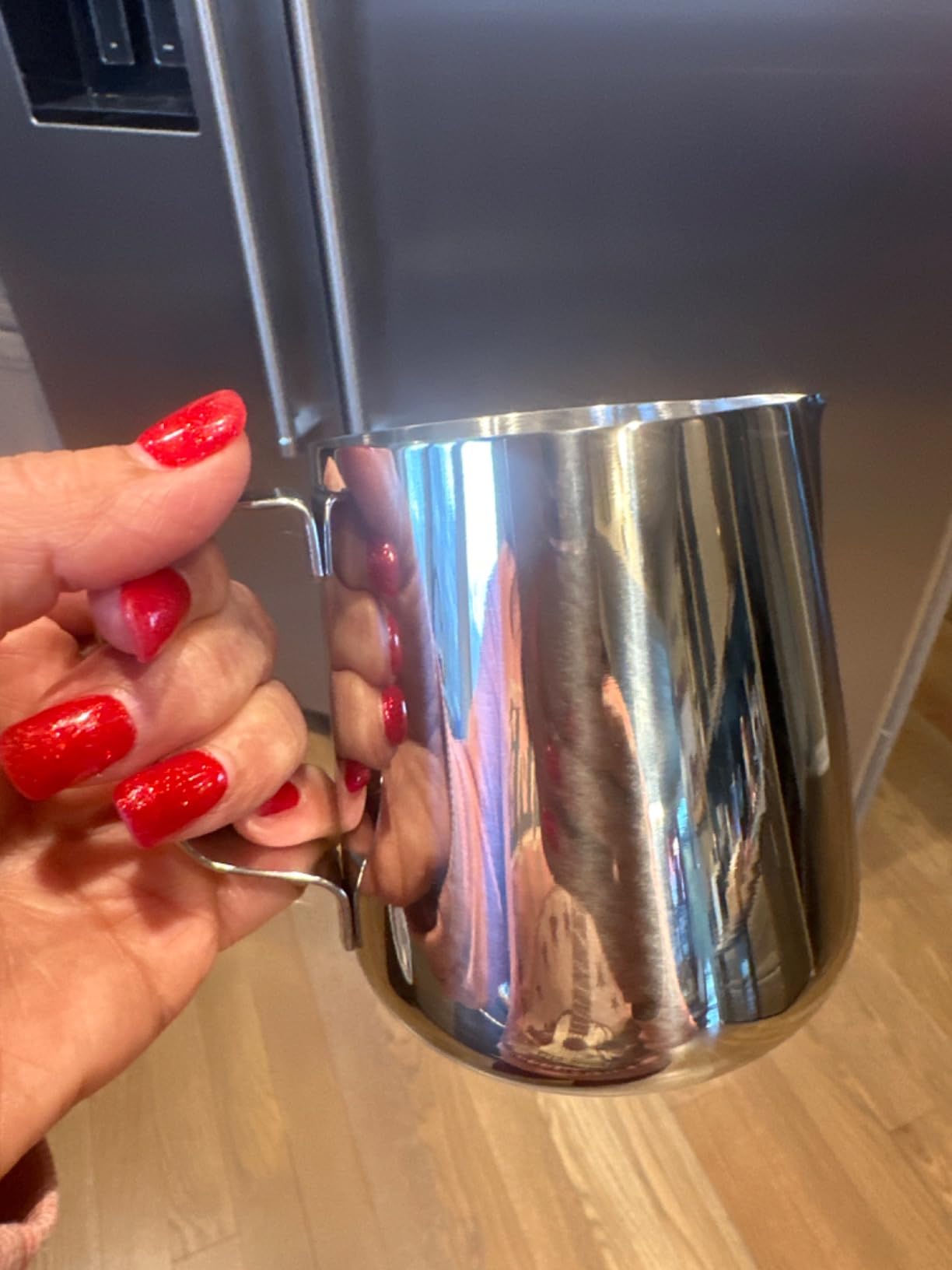 HOFASON Stainless Steel Milk Frothing Pitcher Cappuccino Pitcher Pouring Jug Espresso Cup Creamer Cup for Latte Art, 12 Ounce (350 ML) customer photo 1