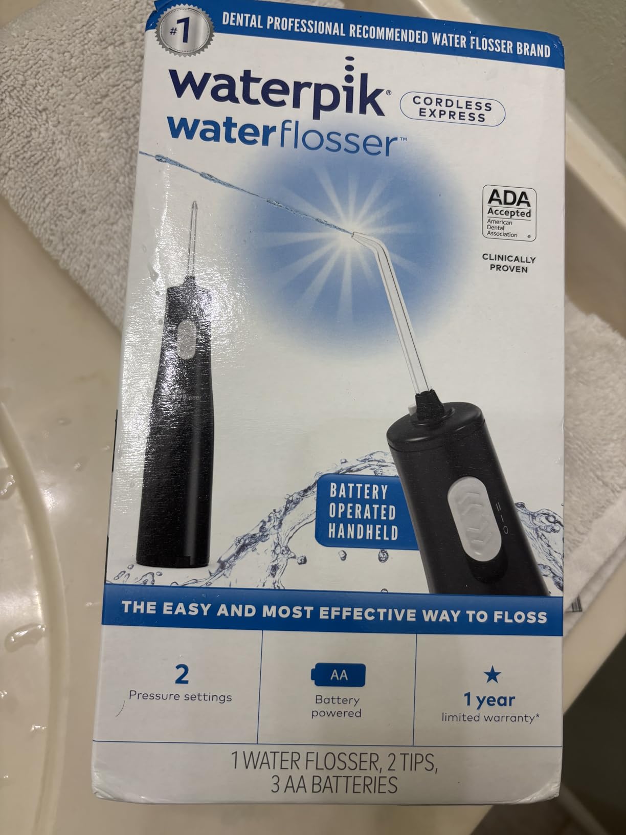 Cordless Express Portable Water Flosser, 3 AA Batteries, White | 2 Settings, 2 Tips, for Daily Gum Health & Cleaning Teeth, Travel, Shower Use, ADA Accepted, WF-02 customer photo 1