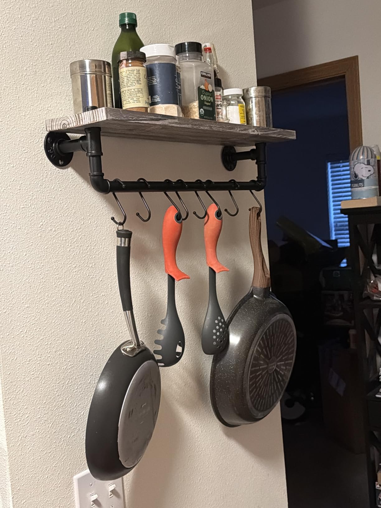 MyGift 30 Inch Ceiling or Wall Mounted Pot Rack with Rustic Brown Solid Wood Shelf and Industrial Matte Black Metal Pipe customer photo 1