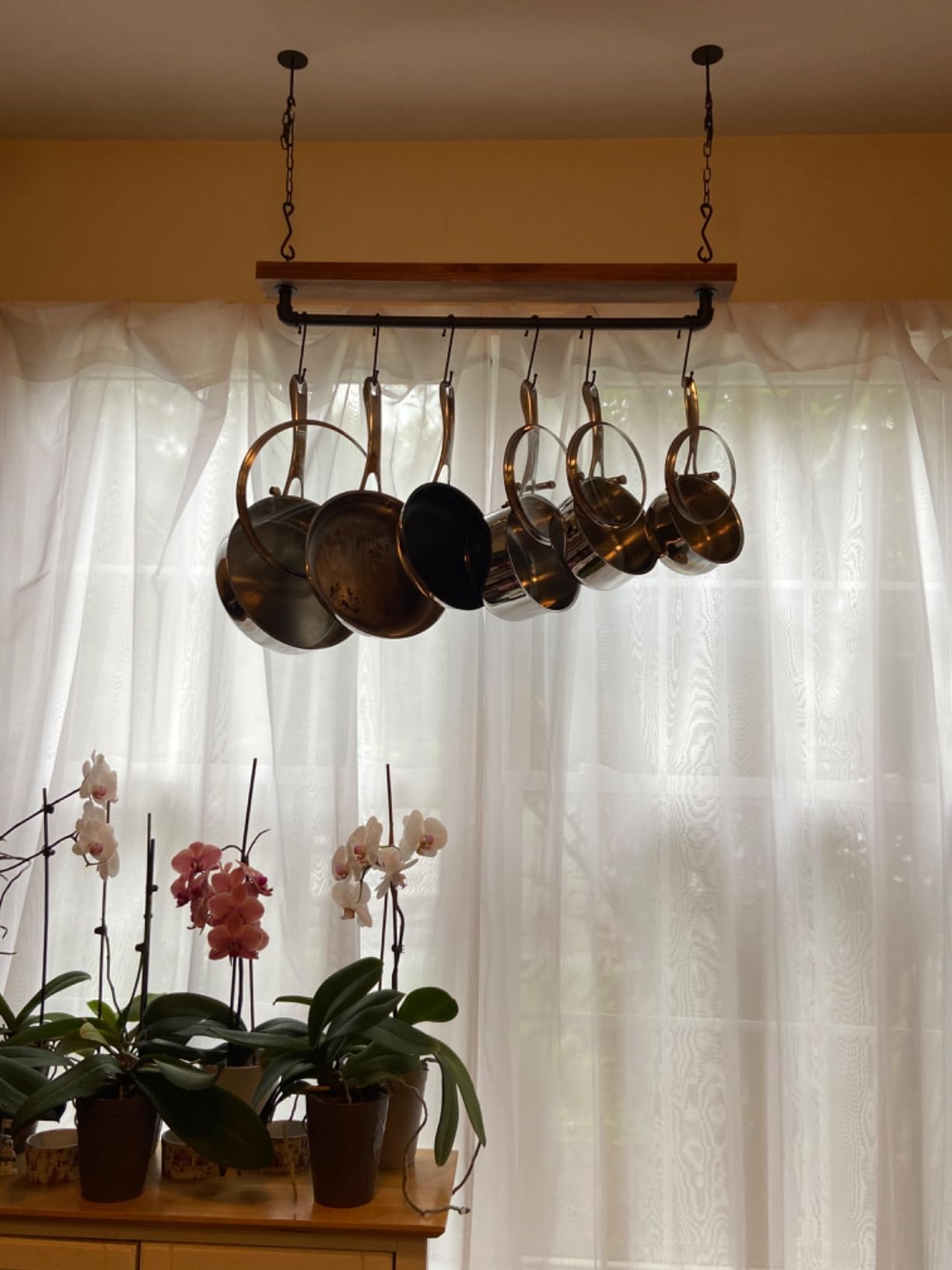 MyGift 30 Inch Ceiling or Wall Mounted Pot Rack with Rustic Brown Solid Wood Shelf and Industrial Matte Black Metal Pipe customer photo 2
