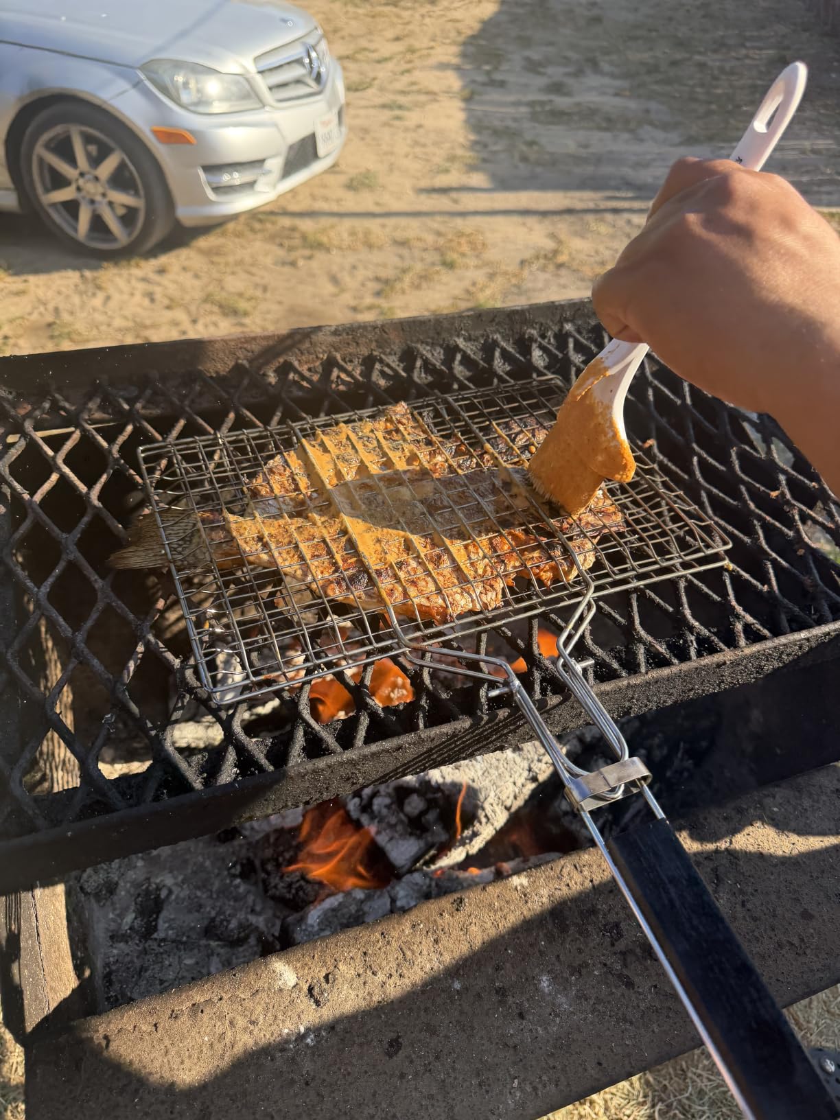 Fish Grilling Basket, Folding Portable Stainless Steel BBQ Grill Basket for Fish Vegetables Shrimp with Removable Handle, Basting Brush and Storage Bag customer photo 1