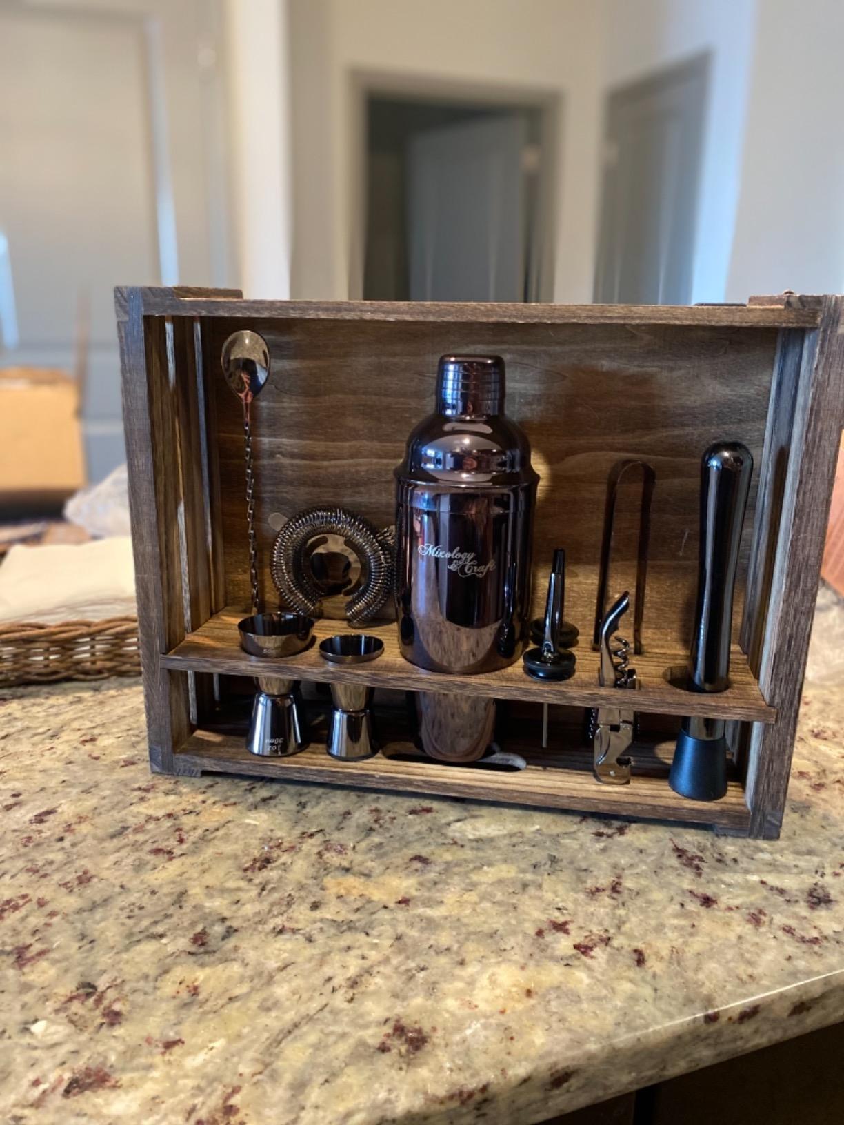 Mixology & Craft Rustic Cocktail Shaker Set – Includes Wood Stand, Complete Barware Kit with 24 Oz Shaker, Dual Jiggers, Pourers, Muddler, Strainer – Perfect for Home Bartenders (Copper) customer photo 2