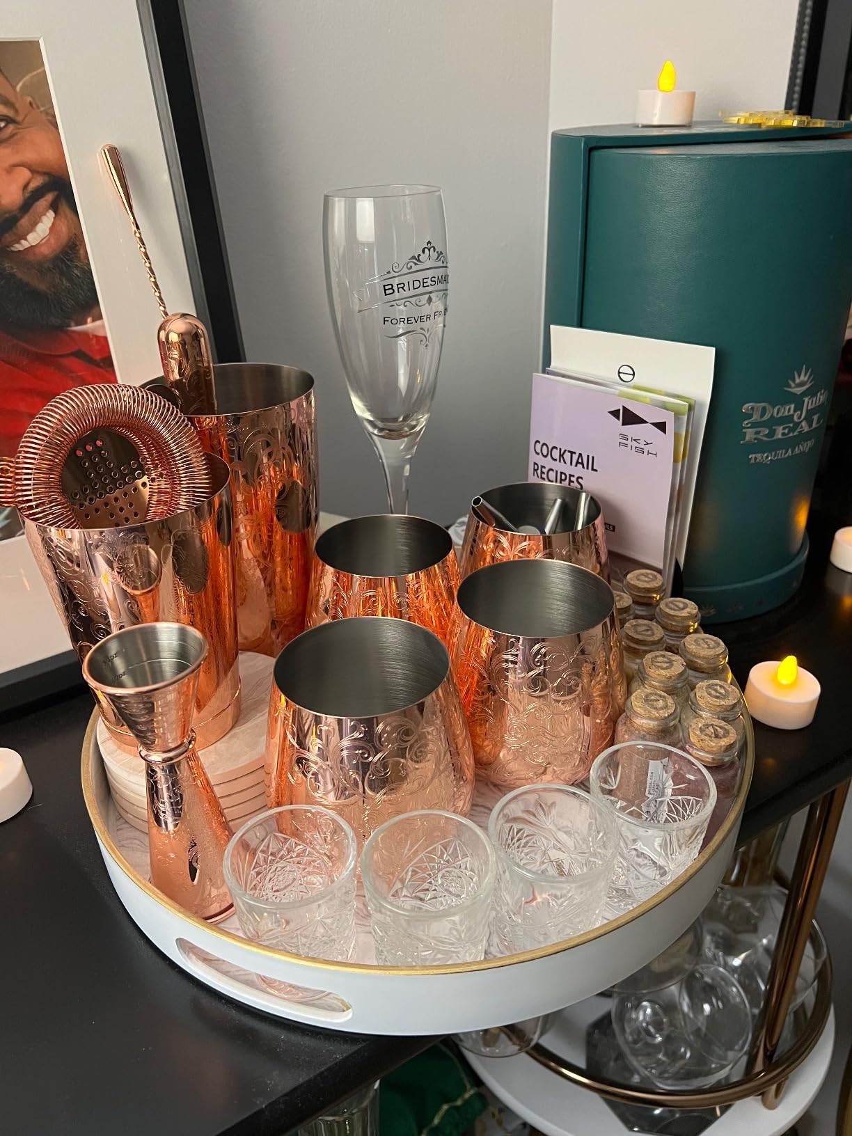 Sky Fish Bartender Kit Cocktail Shaker Set-6 Pieces Stainless Steel Copper Plated Etching Bar Tools with Boston Shaker Tins,Mixing Spoon,Mojito Muddler,Jigger,Hawthorne Strainer,Ice Tongs customer photo 2