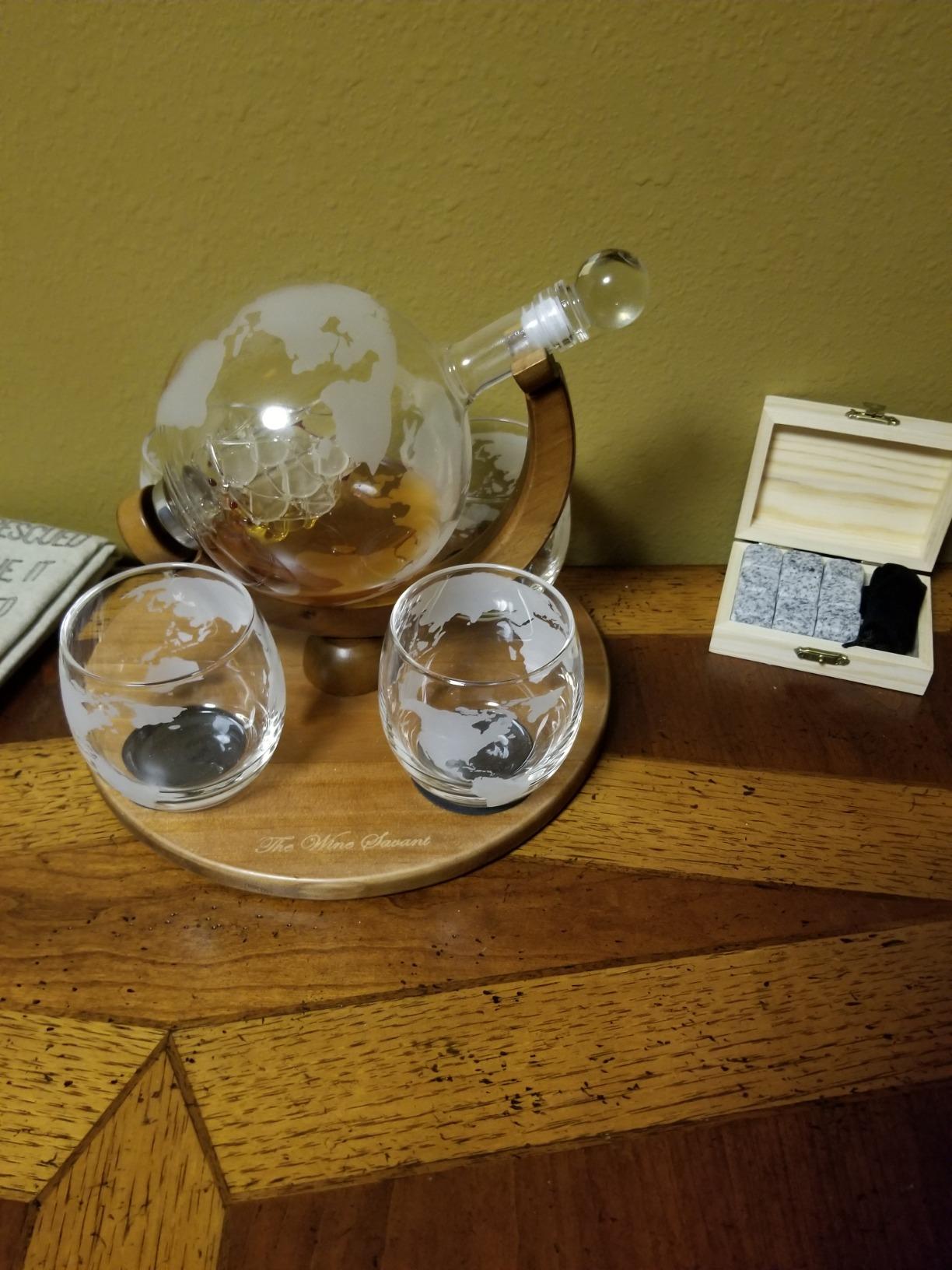 Etched World Decanter Car Whiskey Globe With 4 World Map Glasses - The Wine Savant Whiskey Gift Set Globe Decanter with Antique Car, Whiskey Great Gift Alcohol Related Gift 750ml Decanter 8 Oz glasses customer photo 1
