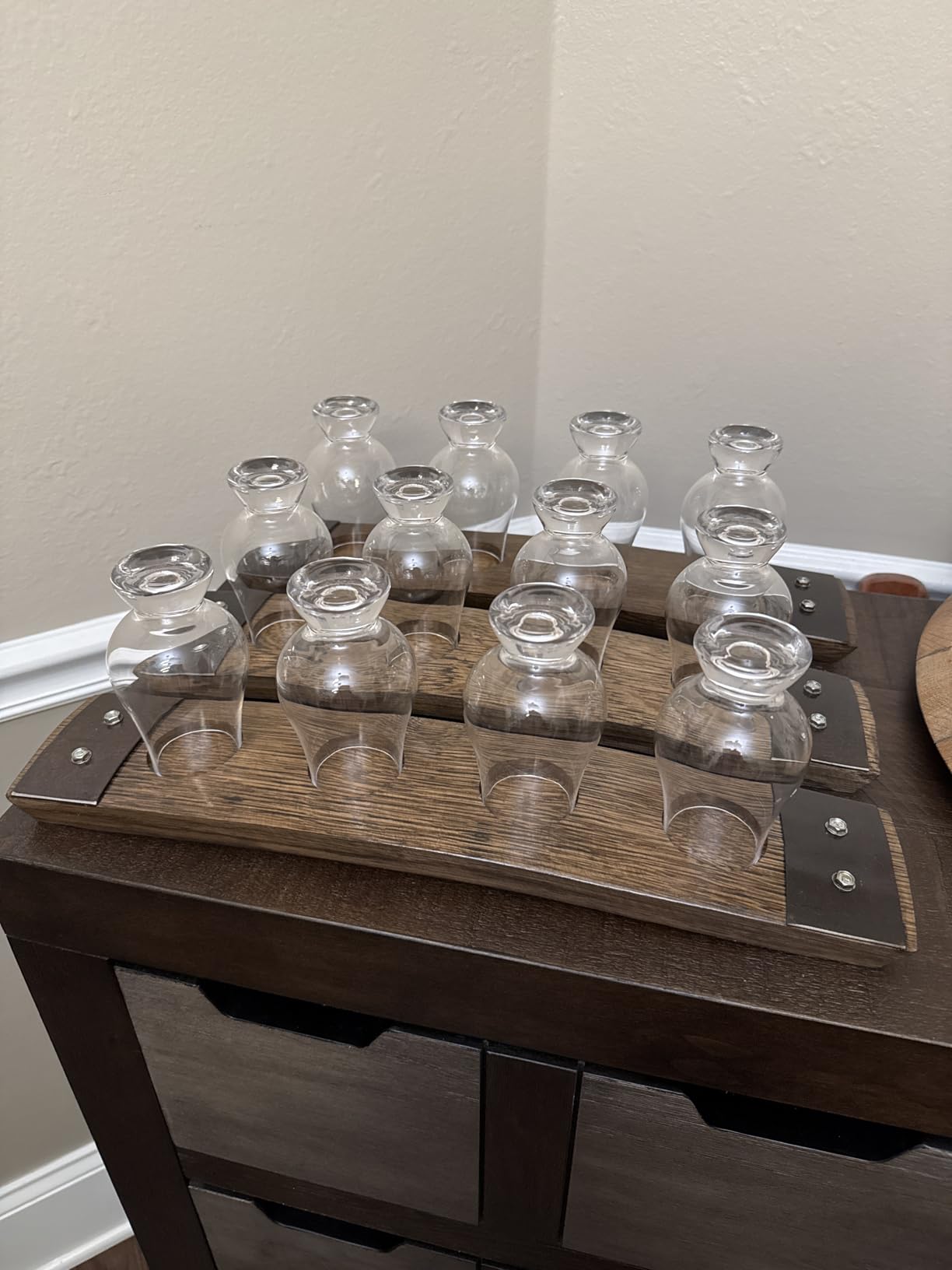 4-Glass Whiskey Flight Board, Dark Walnut, No Glasses Included | Whiskey barrel stave flight board with barrel hoop accents, fits 4 Glencairn glasses, Made in USA customer photo 1