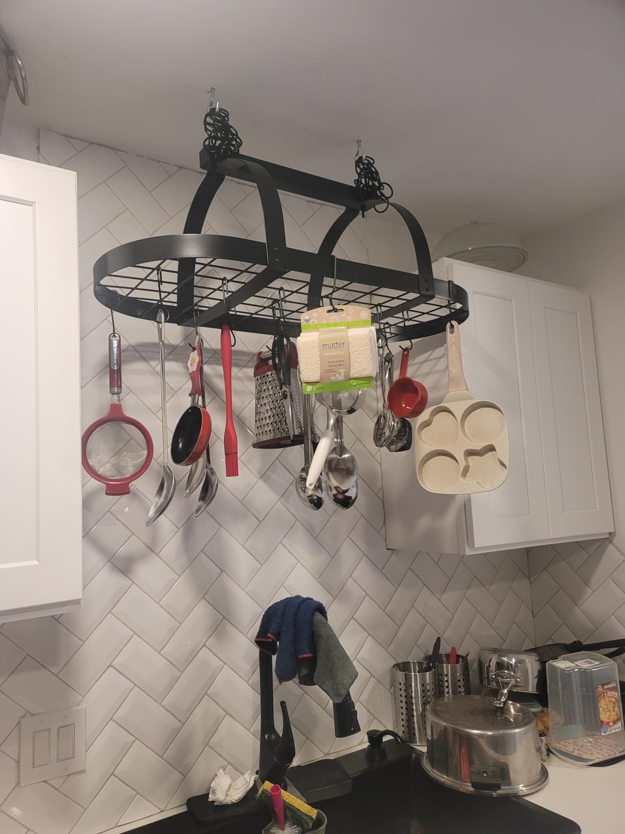 KES Ceiling Pot Rack 34-Inch Hanging Pot Rack for Kitchen Oval Pot and Pan Rack Matte Black Pot Hanger with 20 S Hooks customer photo 1
