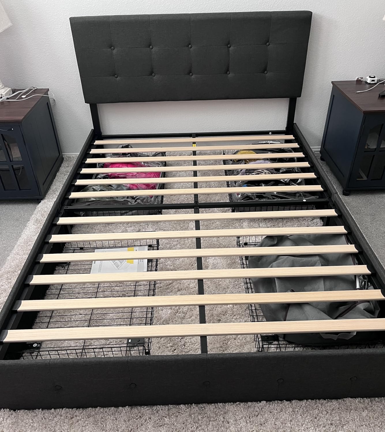 Allewie Upholstered Queen Size Platform Bed Frame with 4 Storage Drawers and Headboard, Square Stitched Button Tufted, Mattress Foundation with Wooden Slats Support, No Box Spring Needed, Dark Grey customer photo 1