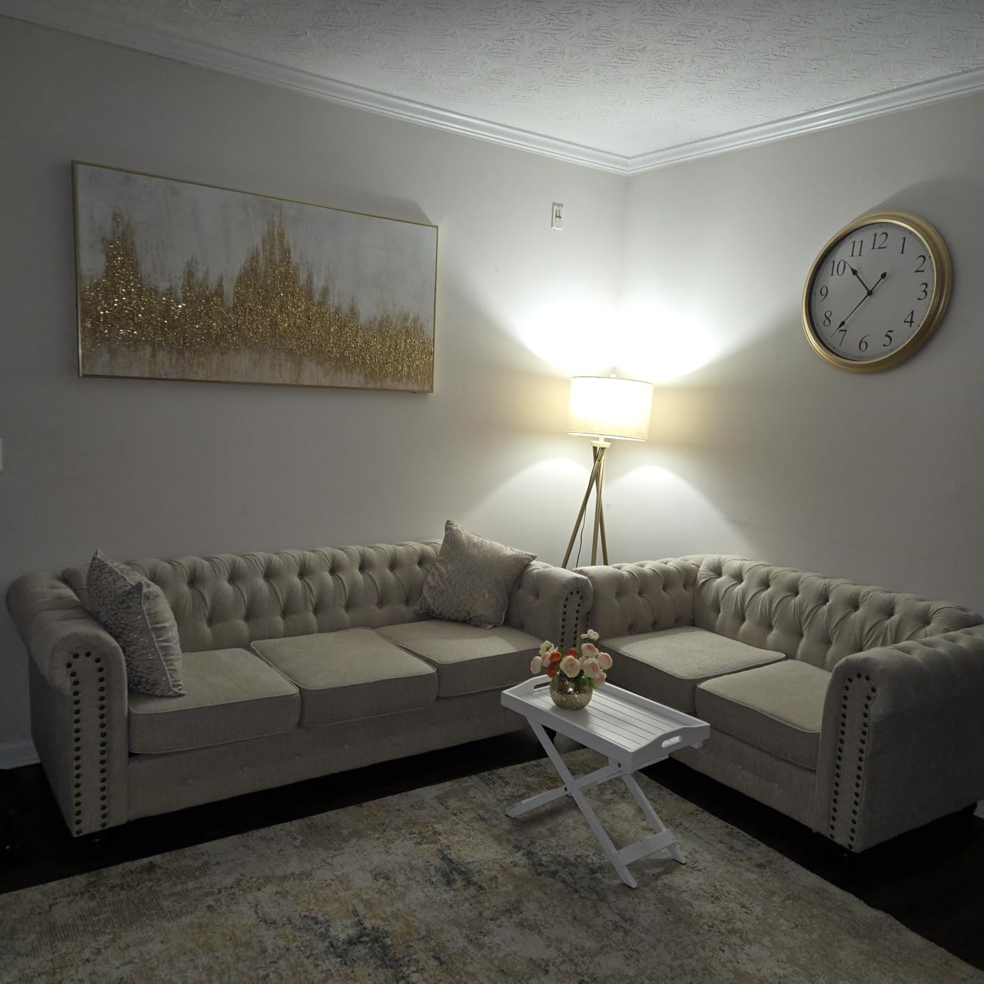 Morden Fort Classic Chesterfield Sofa Set 82'', Tufted Sofa with Solid Wood Legs Thick Cushion, Pet-Friendly Deep Seat - Linen Beige customer photo 2