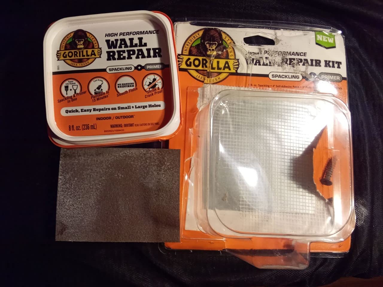 GORILLA Wall Repair Kit, Heavy Duty Spackling, 8 fl oz Tub, 4 in Patch | Includes 3 in Putty Knife, Sanding Block, Lightweight Drywall Filler, Strong Repairs for Walls and Ceilings customer photo 1