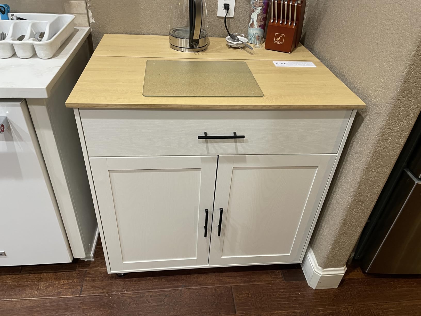 IRONCK Kitchen Island with Storage, Charging Station and Drop Leaf, Black customer photo 2